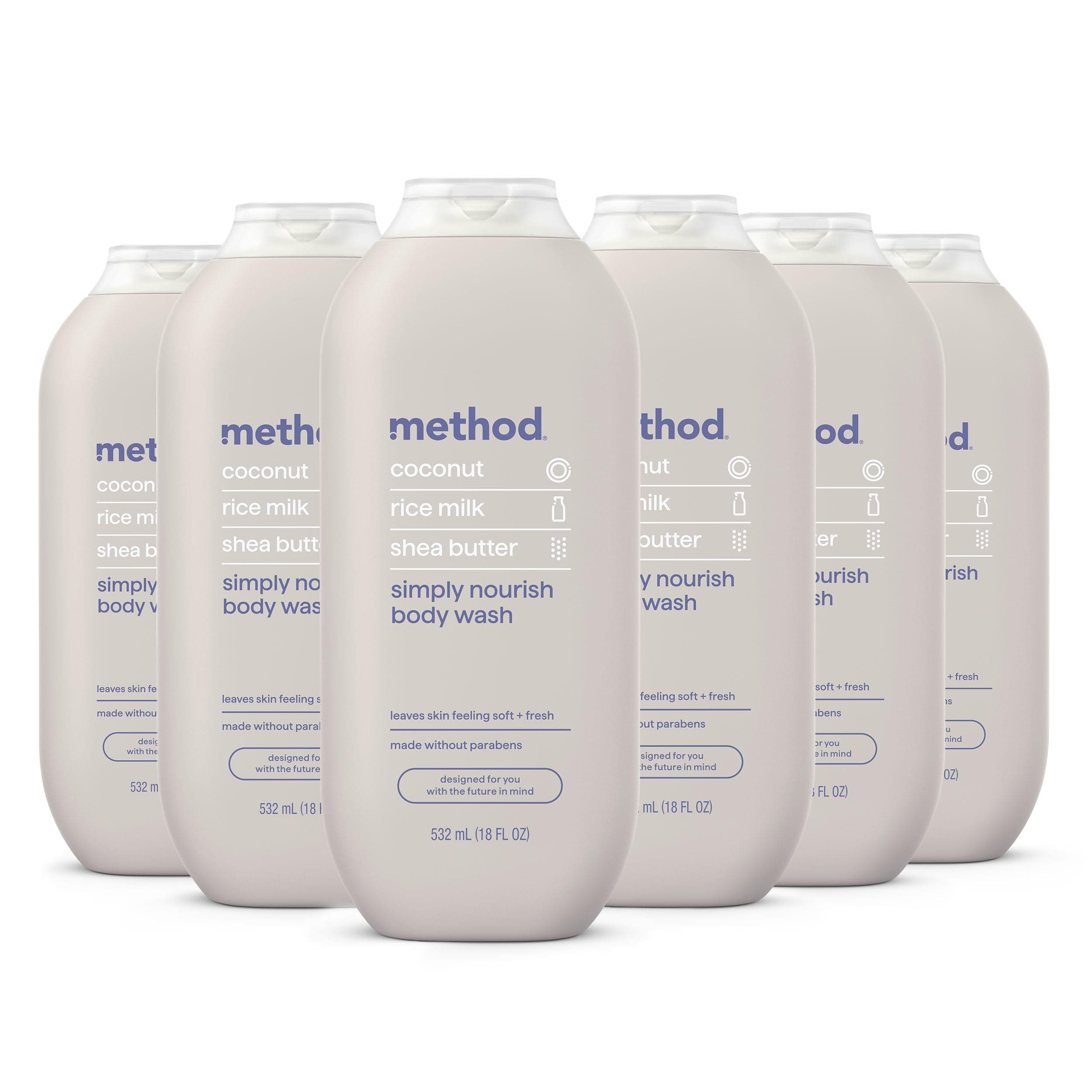 method Body Wash, Simply Nourish, 18 fl oz, 6 pack | Soothing Formula, Leaves Skin Feeling Soft & Moisturized, Made Without Parabens, Notes of Coconut, Rice Milk & Shea Butter