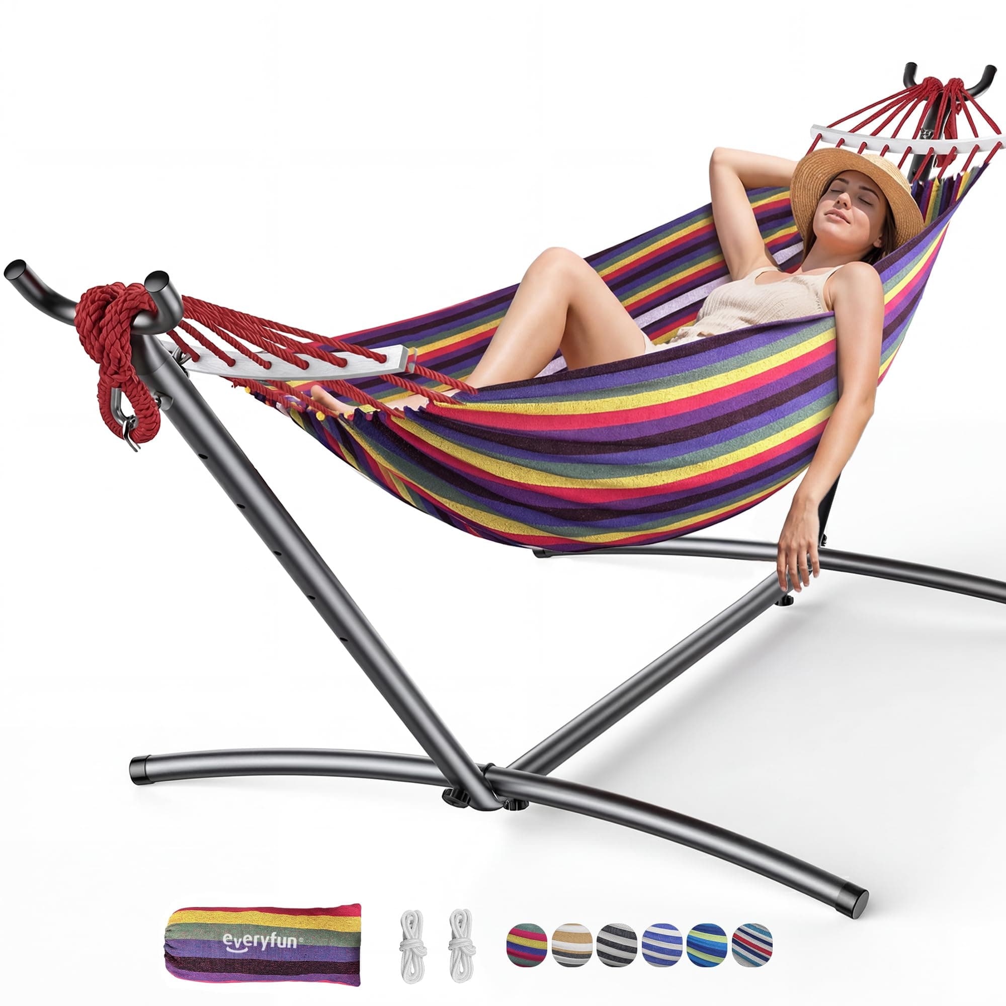 Everyfun Double Hammock with Stand for 2 Person, 600 lbs Heavy Duty Cotton Bed with Steel Stand, Free Standing for Outdoor Indoor Patio, Carrying Bag Included