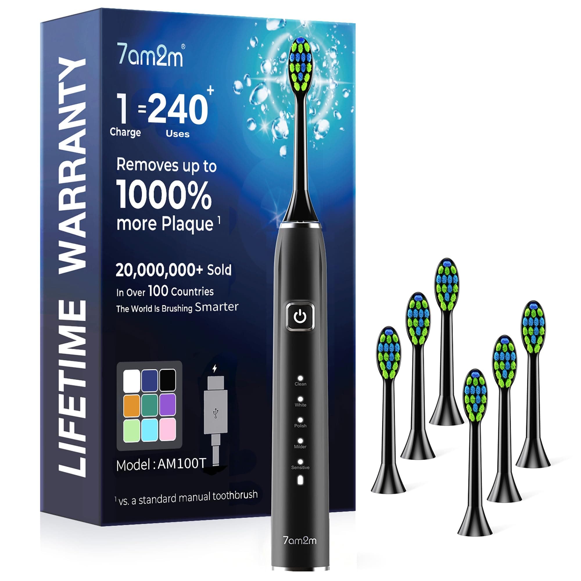 7AM2M Sonic Electric Toothbrush for Adults,Type-C Charging Run for 120 Days | 6 Brush Heads & 5 Modes, 40000VPM Powered Rechargeable Toothbrush, Smart Timer, IPX7 Waterproof, Travel&Home Use, Black