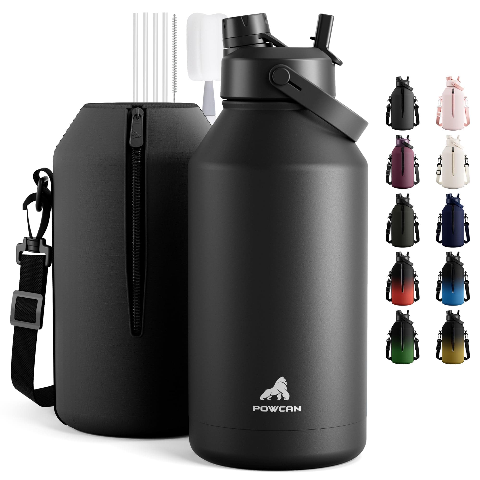 POWCAN 64 oz Insulated Water Bottle for Sports: 2-in-1 Straw & Spout Lid, Leakproof, Carrier Bag, Shoulder Strap, Keep Cold 48H, BPA-Free, Half Gallon Metal Water Jug for Gym, Travel, Gift (Midnight)