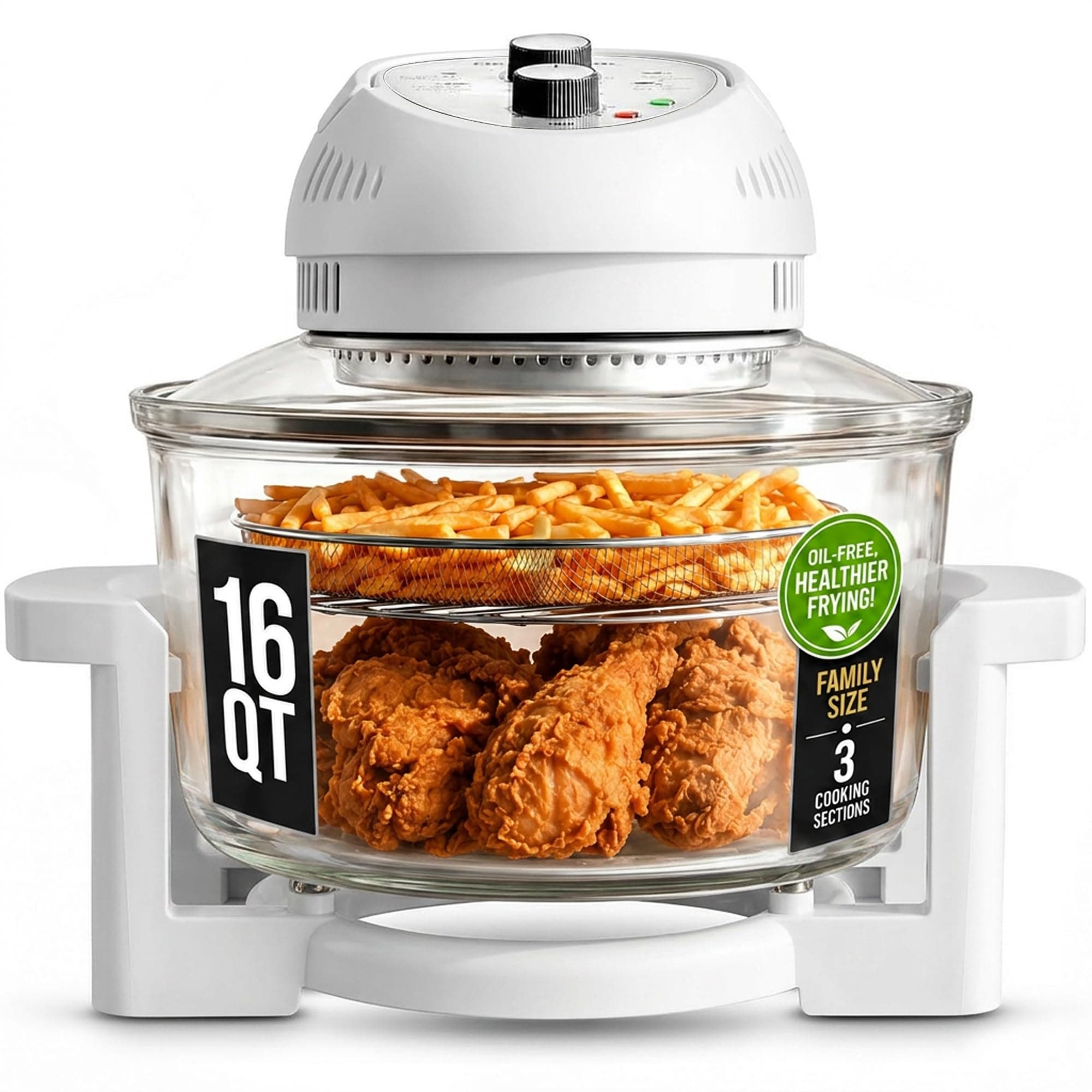 GRANITESTONE 16 Qt Large Glass Air Fryer Non Toxic, White | Large Family Sized Airfryer Cooker with 3 Cooking Sections, PFOA/PTFE/BPA Free, No Preheat, Self Cleaning, Dishwasher Safe