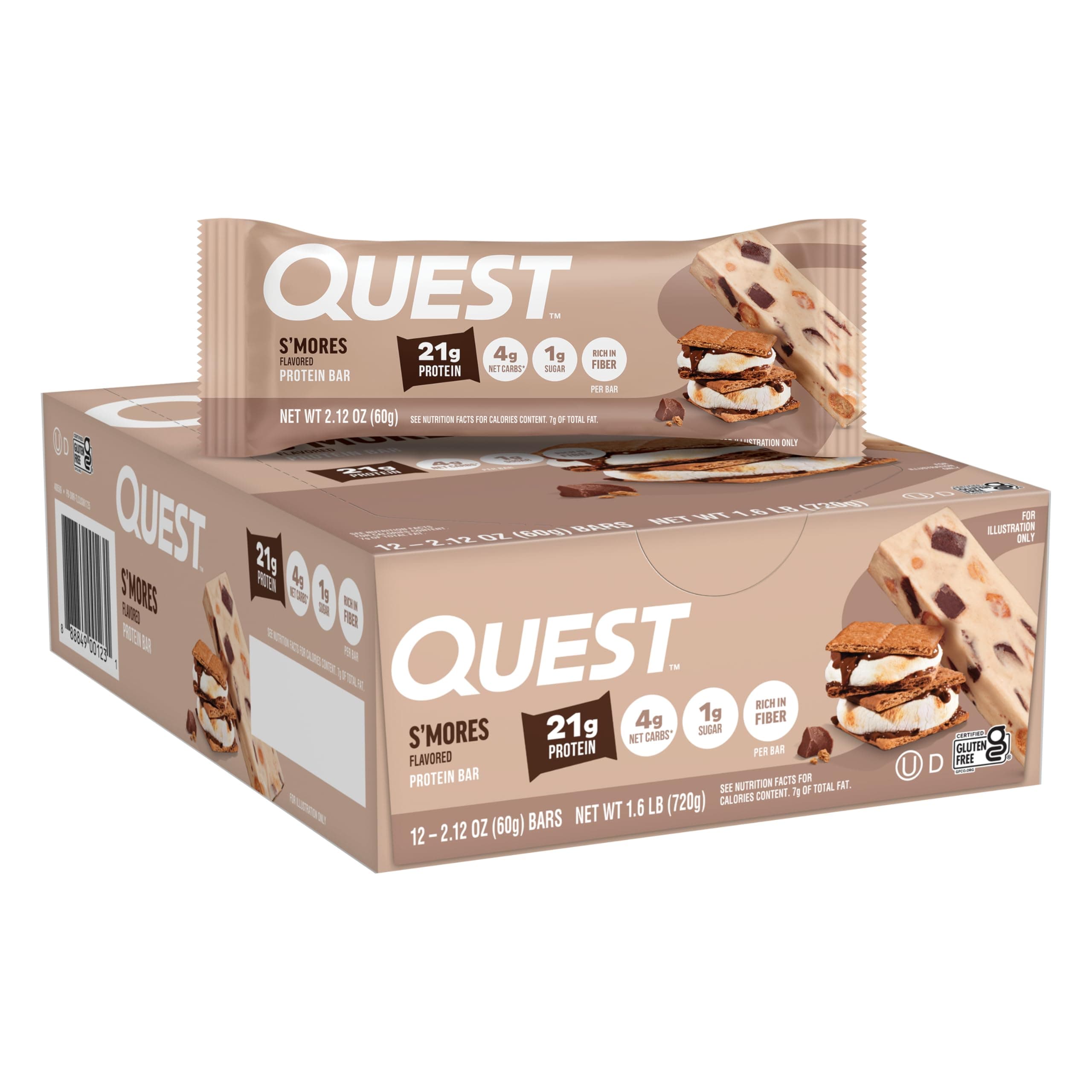 Quest Nutrition S'mores Protein Bars, 21g Protein, 12 Count | 12g Fiber, 4g Net Carbs, 1g Sugar, Gluten Free, High Quality Protein, Soft and Chewy, Individually Wrapped 2.12oz Bars