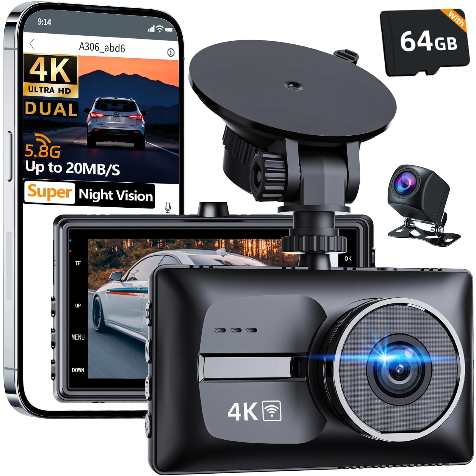 pahaa X18 4K Dash Cam Front and Rear, 4K+1080P Dual STARVIS 2 Dash Camera for Cars, Free 64GB Card (256GB Max), 5.8GHz WiFi Up to 20MB/s, WDR Night Vision, 3" IPS, G-Sensor, 24H Parking Mode