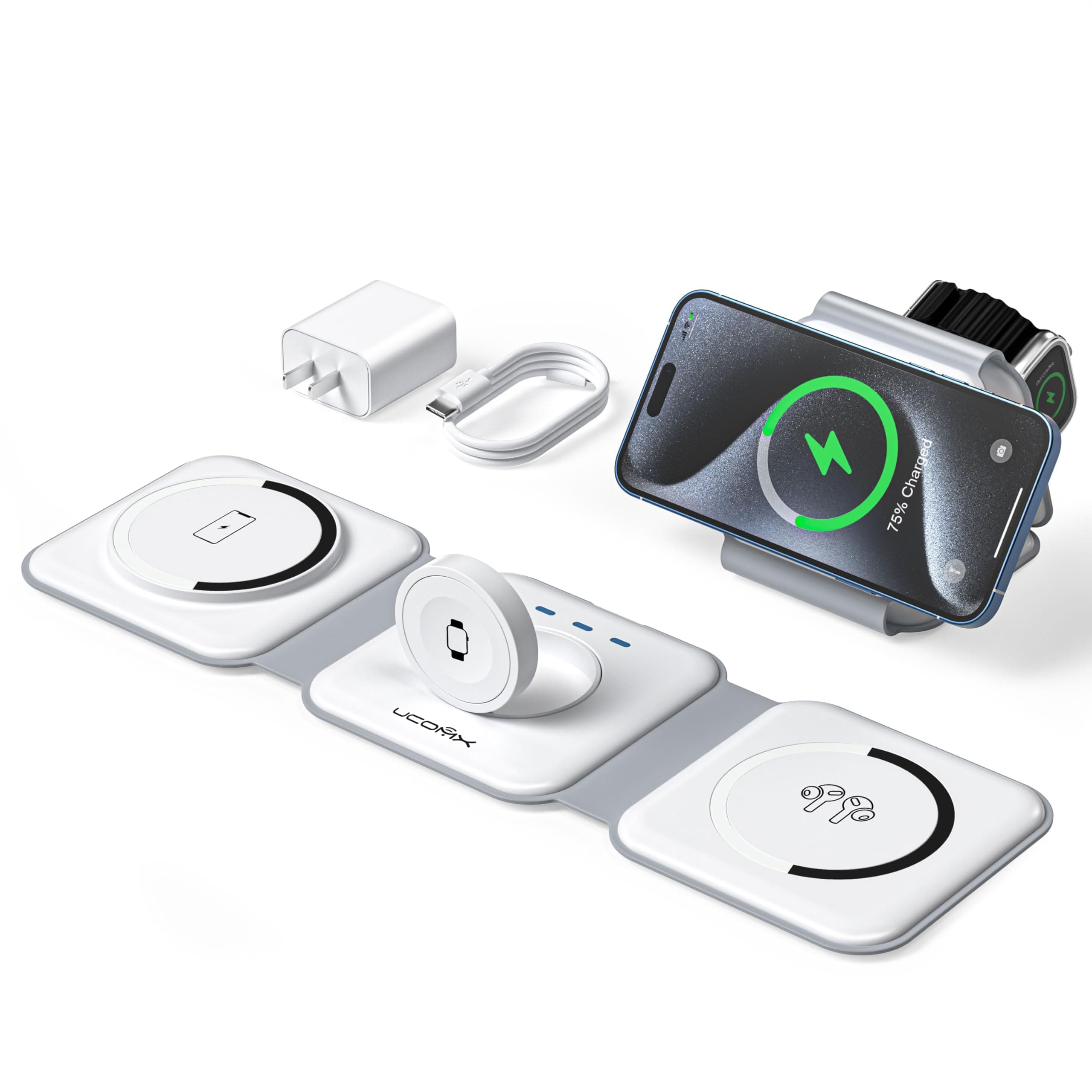 UCOMX 3 in 1 Charging Station for Multple Devices,Foldable 3 in 1 Wireless Charger for Travel,NANO Wireless Charging Station for iPhone17 16 15 14 13 12 Pro Max/Watch 10 9 8 7 6 5 4 3 Ultra/AirPod Pro