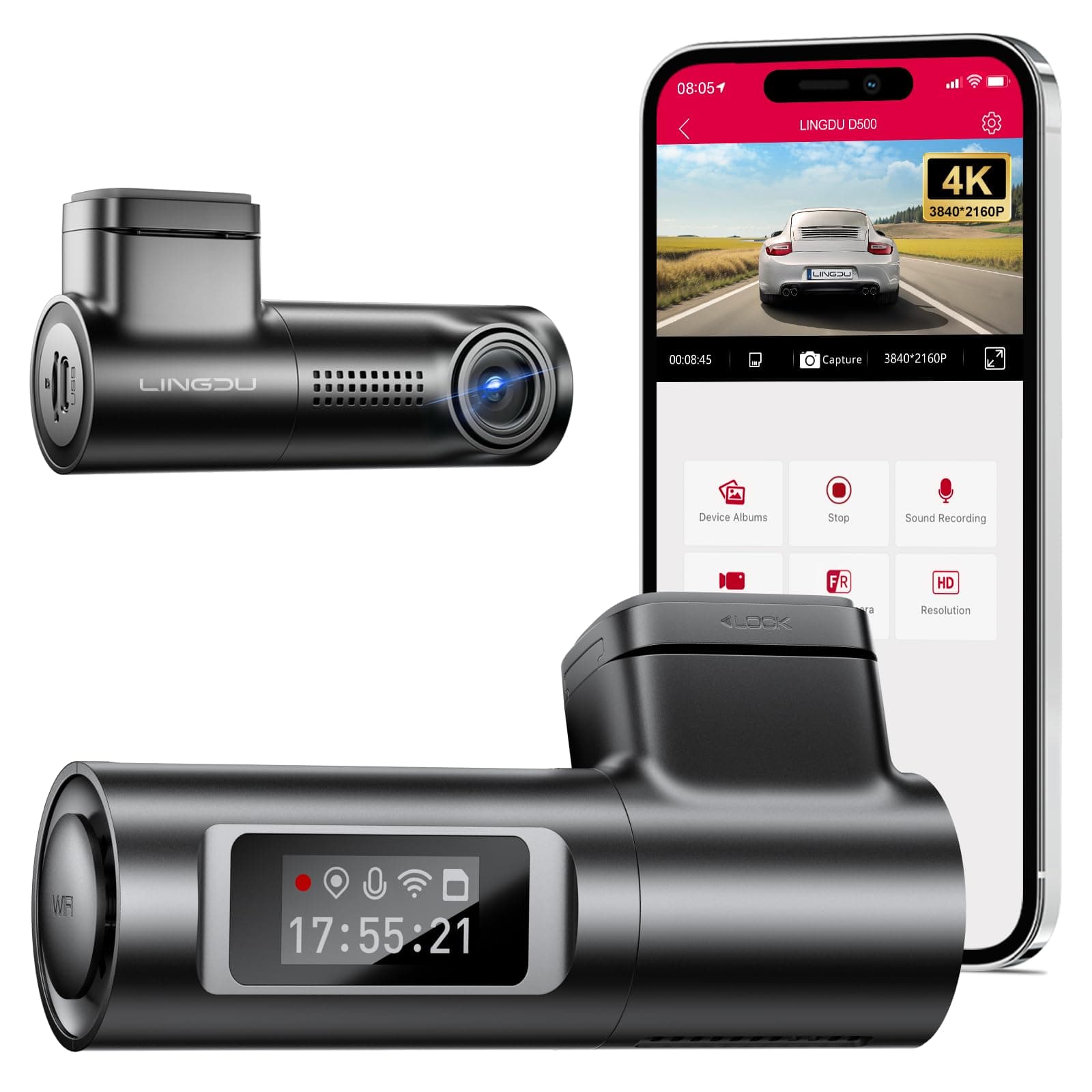 LINGDU D500 Smart Dash Cam for Cars, 4K Front with WiFi & GPS, 0.96" LCD Display, Night Vision, WDR, Parking Mode, Loop Recording, G-Sensor, 150 Wide Angle