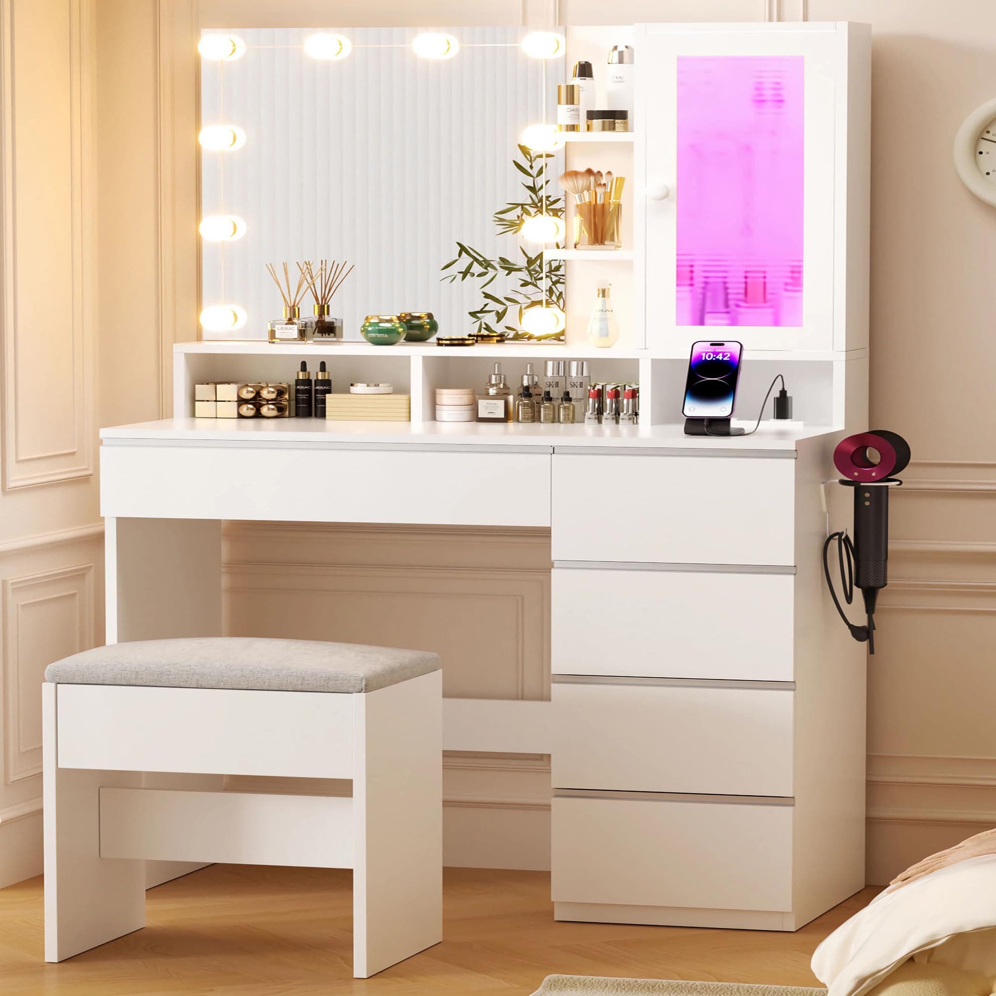 ERLEJIA Vanity Desk with LED Lights Mirror, 35.43" Modern Makeup Table with 6 Storage Drawers & Stool for Ladies and Girls, RGB Light Makeup Desk with Power Outlet for Bedroom Dressing Room, White
