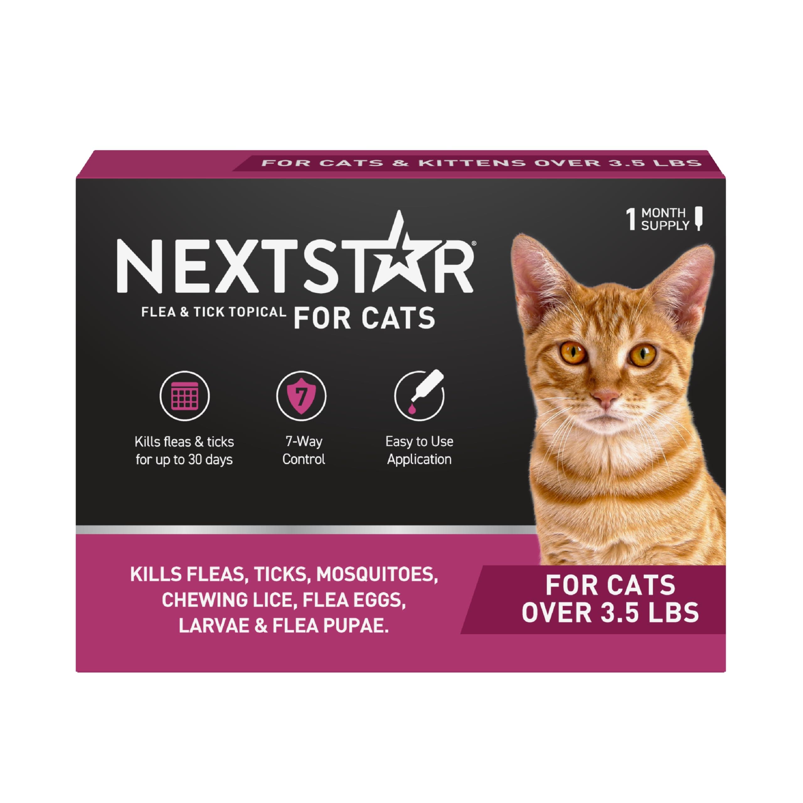 NextStar Flea & Tick Topical Cats 3.5 lbs+, 7-Way, 1-Month | Ideal for Cats 3.5 lbs+; Kills Fleas, Ticks, Mosquitoes & Lice; 1-month supply; 30-Day Protection