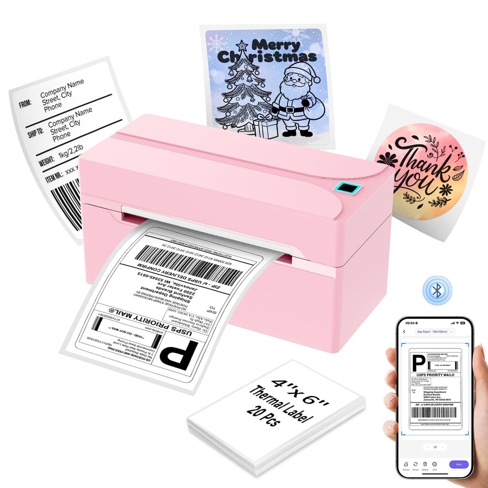 HKHKPI Bluetooth Thermal Label Printer,4x6 Shipping Label Printer | Wireless Label Printer for Small Business and Shipping Package, Compatible with iPhone, Android, Shopify, Amazon, USPS, Pink