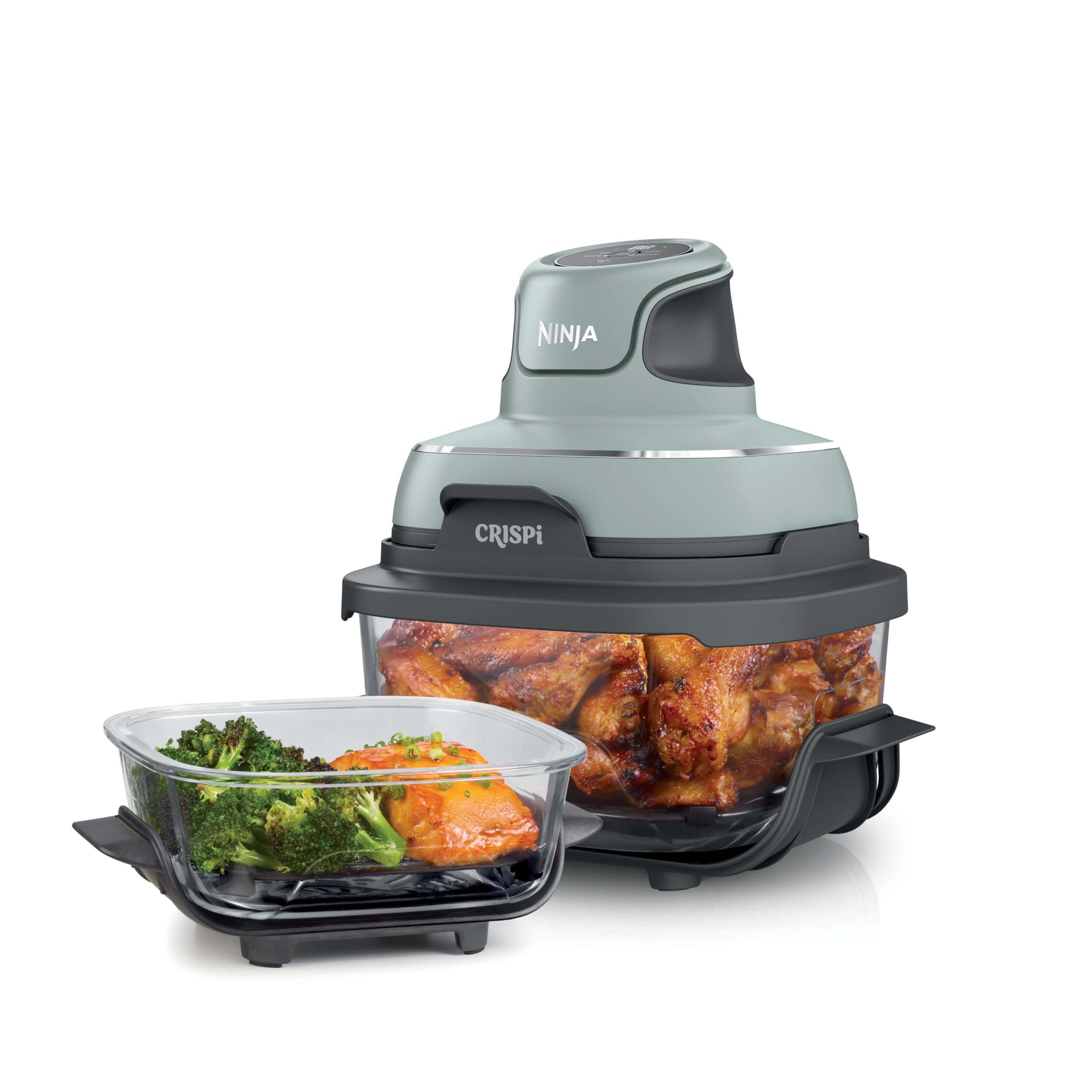 Ninja Crispi Glass Air Fryer, 4-in-1, Green, FN101SG | Max crisp, bake, air fry, recrisp, 450F max, 4 Qt and 6 Cup containers, PFAS-free glass