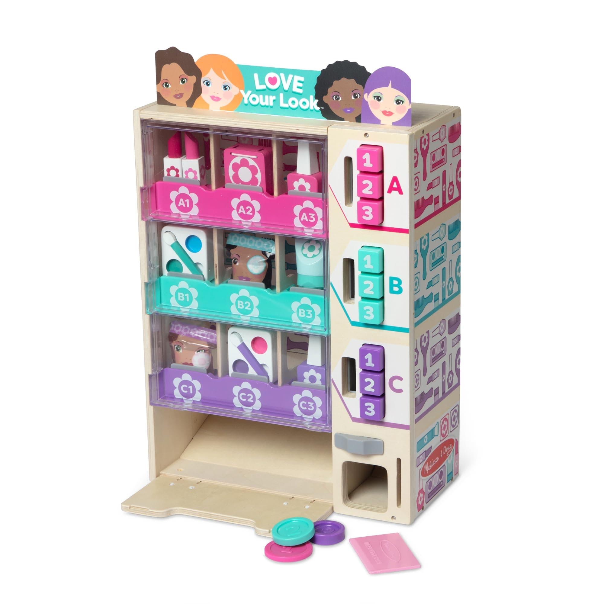 Melissa & Doug Beauty Kiosk Wooden Vending Machine Salon Play Set | 24 Pieces, Wooden Vending Machine, Play Coins, Pretend Play, Mess-Free Toy Makeup Lipstick, Preschool Toys for Kids, Ages 3+