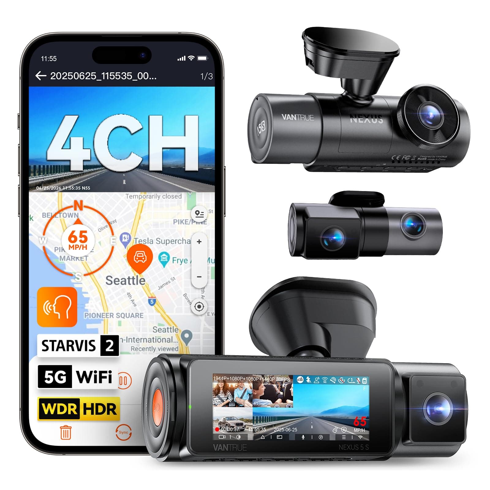 Vantrue N5S 4 Channel 360 Degree 2.7K Dash Cam | 2.7K+1080P*2+1440P Front and Rear Dashcam, STARVIS 2 Night Vision, 24/7 Parking Mode, WiFi, Voice Control, Dual GPS,1TB Max