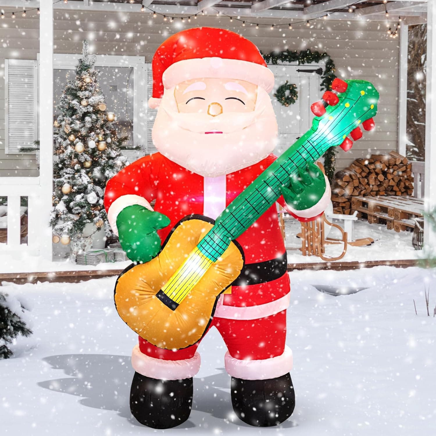 6.5 FT Christmas Inflatable Santa Claus with Guitar, Blow Up Santa Christmas Decorations Outdoor, Unique Lighted Xmas Decorations for Indoor Outdoor Yard Garden Lawn Holiday Party Decor