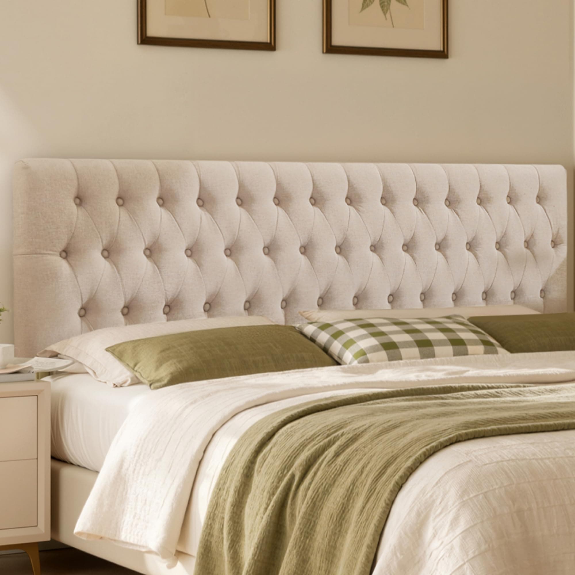 Kingfun Tufted Upholstered Queen Size Bed Headboard in Modern Button Design, Adjustable Solid Wood Head Board, Premium Linen Fabric Padded Headboards in Bedroom (Beige, Queen)