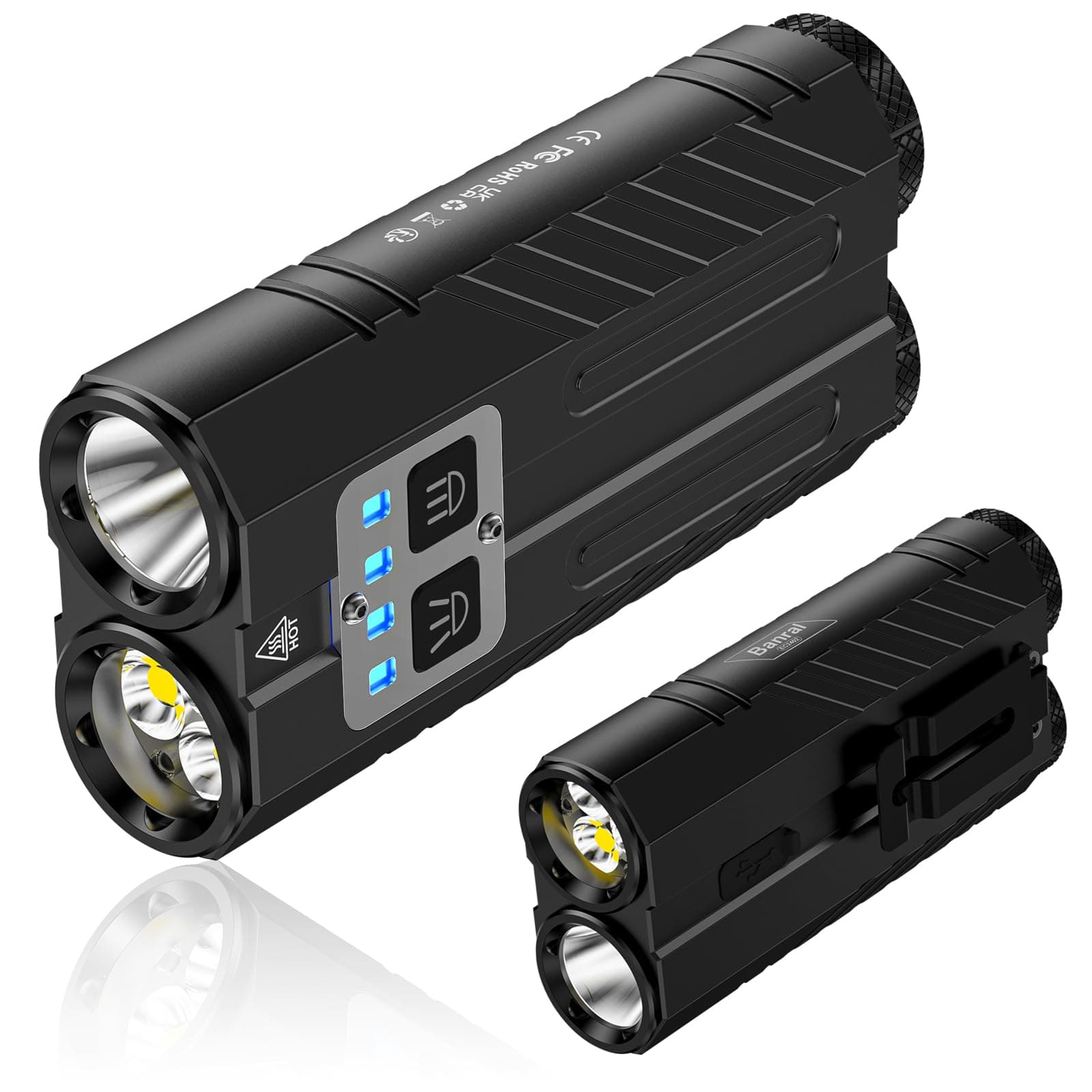 Banral Powerful Rechargeable EDC Pocket Flashlight with Dual Light Source | 3100 High Lumens Tactical Flashlight, Zoomable 7 Modes, Type C Charging, Pocket Clip, Waterproof for Car, Emergency, Home