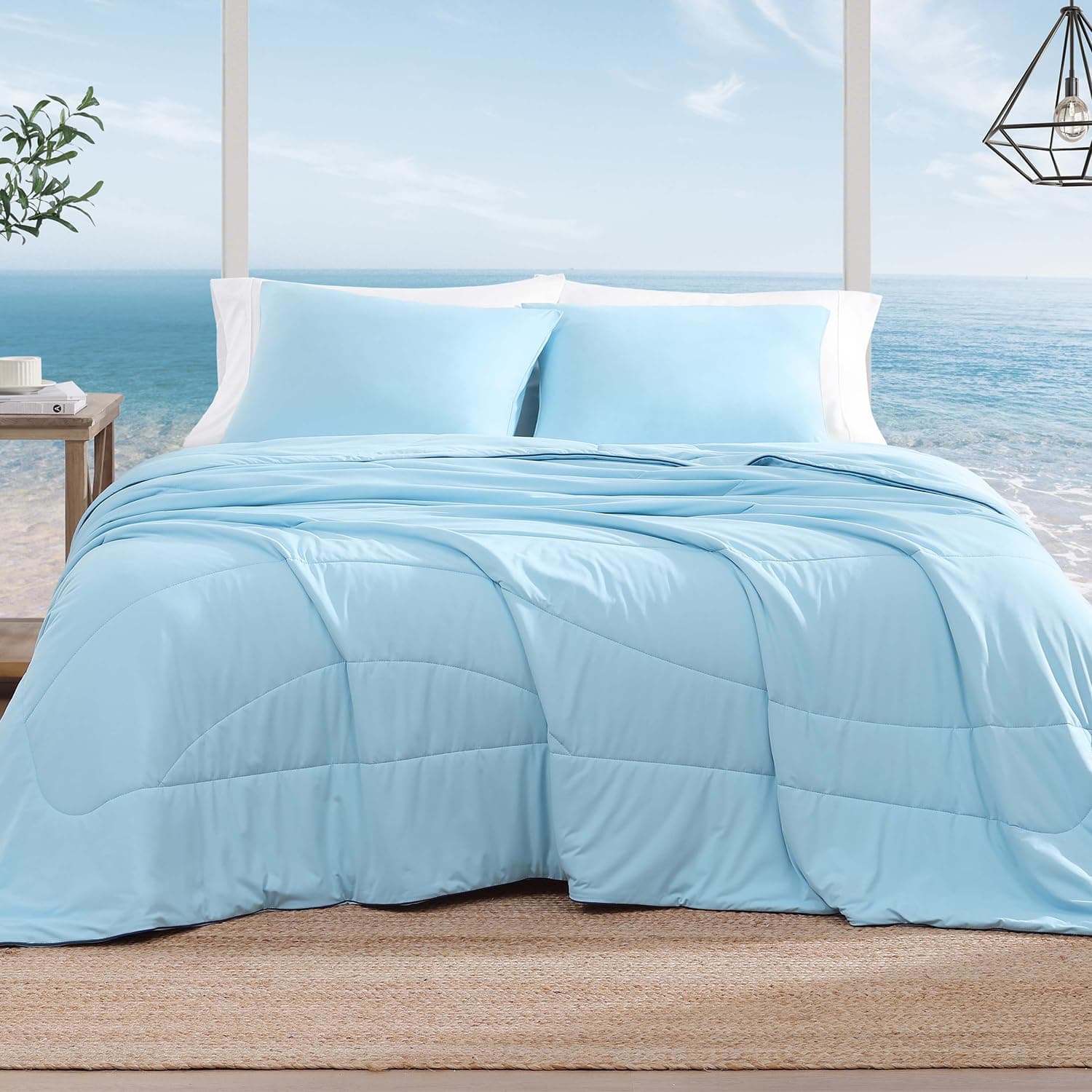 Cooling Comforter Queen Size-3 Pieces Cooling Blankets for Hot Sleepers | Monbix Double-Sided Summer Queen Comforter Set for Night Sweats, Breathable Lightweight Blanket Blue