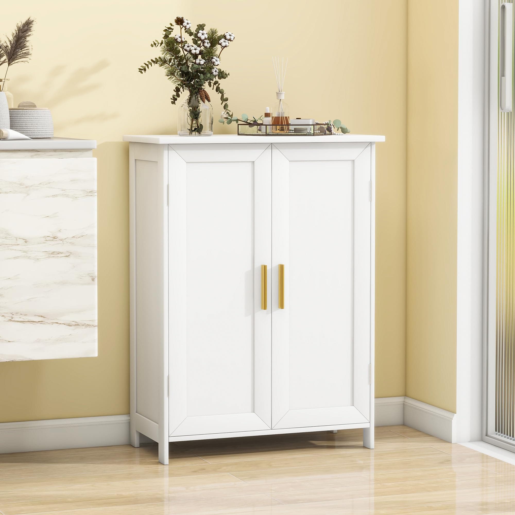 Bathroom Floor Storage Cabinet Freestanding Organizer with 2 Doors, White | Side Bathroom Cabinet Storage Organizer with Adjustable Shelves for Bathroom, Laundry Room, Entryway