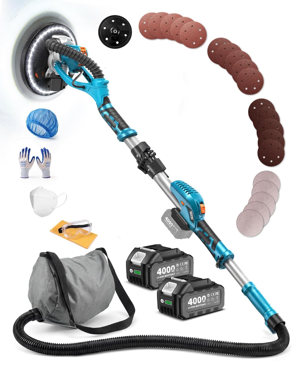 SEESII Cordless Drywall Sander with Vacuum,900W 1900RPM 2x4.0Ah Battery,Popcorn Ceiling Remover Tool,Brushless Low Noise Variable Speed,Wall Sander for Painting Prep,Foldable Telescopic,LED,12 Discs