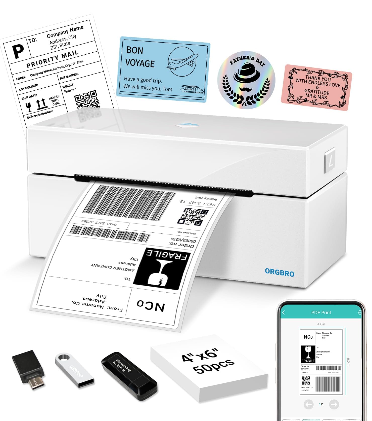 ORGBRO Thermal Shipping Label Printer, 4x6 Bluetooth Label Maker | Work for Shipping Packages Small Business, Compatible with iPhone Android Windows macOS Chrome, High Speed and Reliable