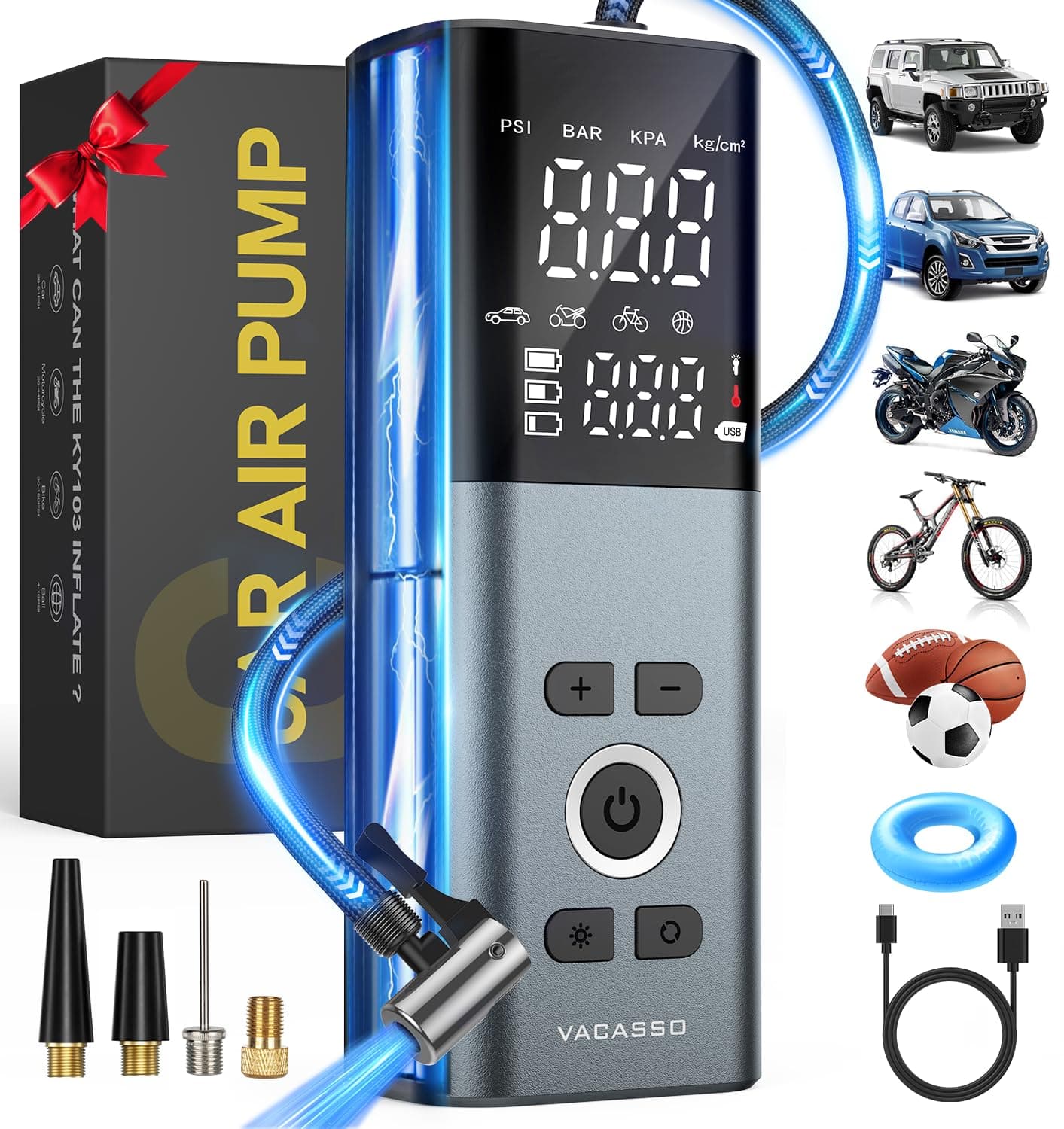 Tire Inflator Portable Air Compressor for Car Tires, 45s Fast Inflation | 150PSI Cordless Air Pump with Accurate Tire Pressure Gauge, Smart Autostop with LED Light , for Car, Motorcycle, Bike, Balls