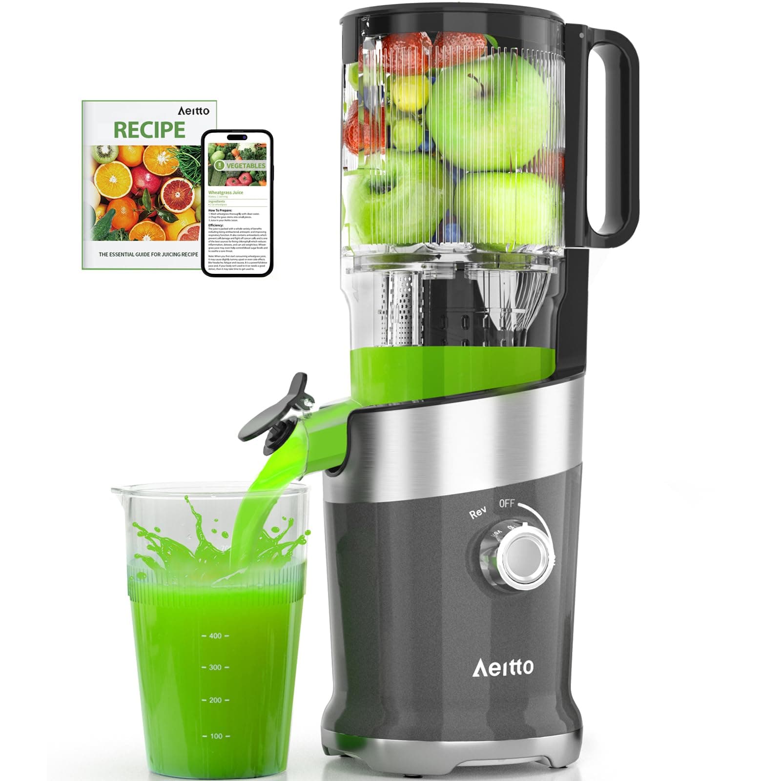 Aeitto Cold Press Juicer Machines, Large Feed Chute for Whole Fruits | Slow Masticating, Easy to Use & Assemble, Self Feeding, High Juice Yield, Easy to Clean with Brush, No Clogging, No Cutting
