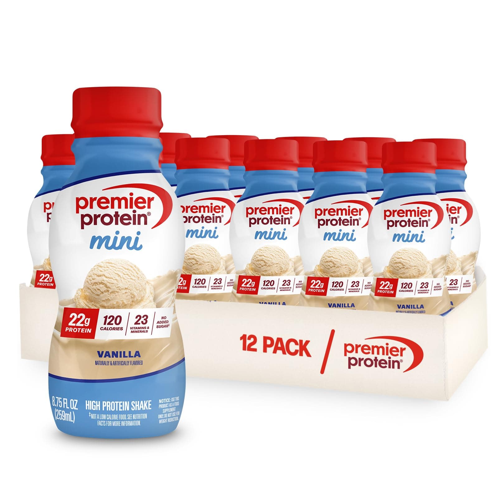 Premier Protein MINIs 22g Protein Shake, Vanilla, 12 Pack | 120 Calories, 23 Vitamins & Minerals, No Added Sugar, Supports Muscle Health, Gluten-Free, 8.75 oz
