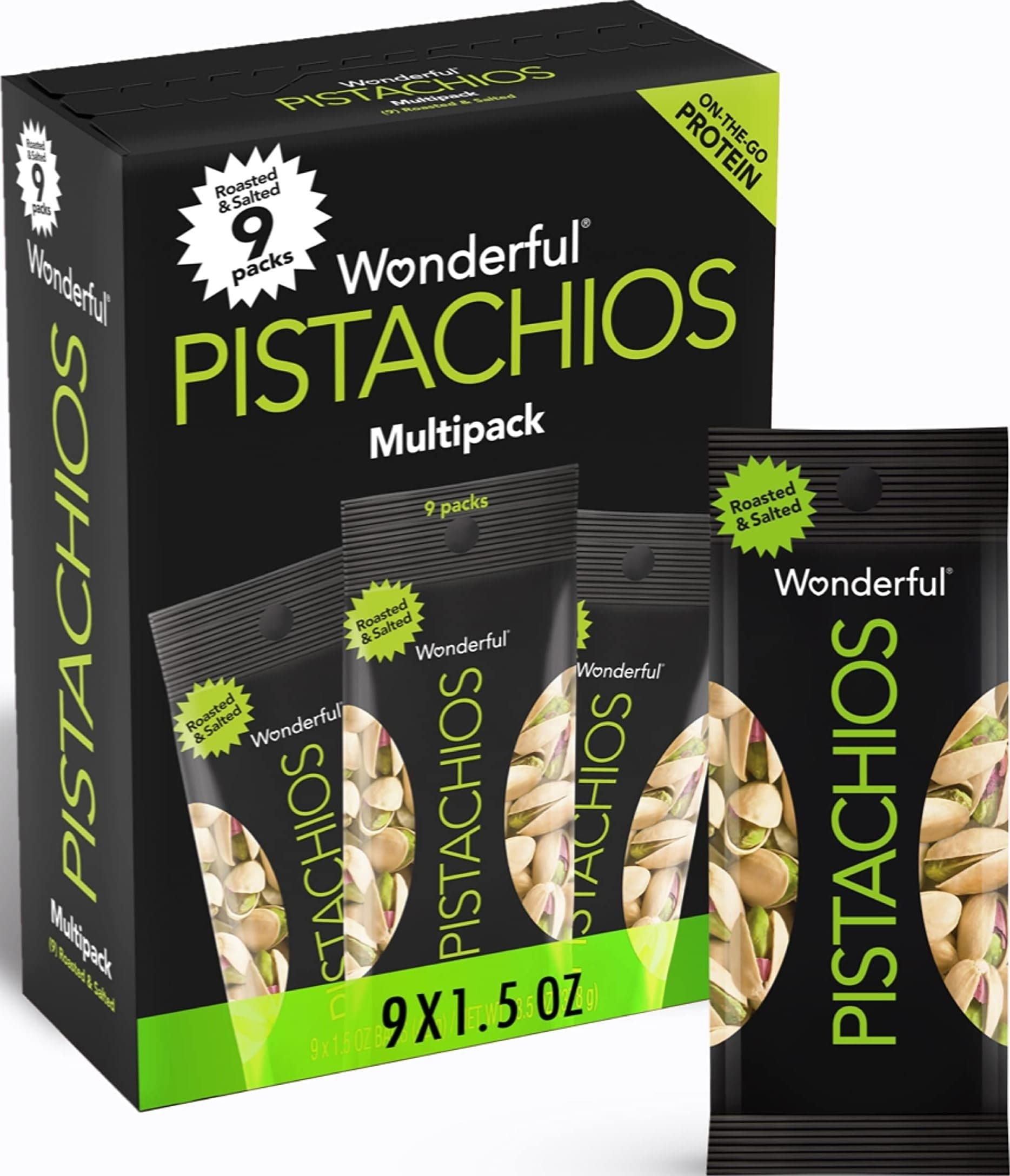 Wonderful Pistachios In Shell, Roasted & Salted Nuts, 1.5 Ounce Bag (Pack of 9), Protein Snacks, On-the-Go, Individually Wrapped Healthy Snacks for Adults