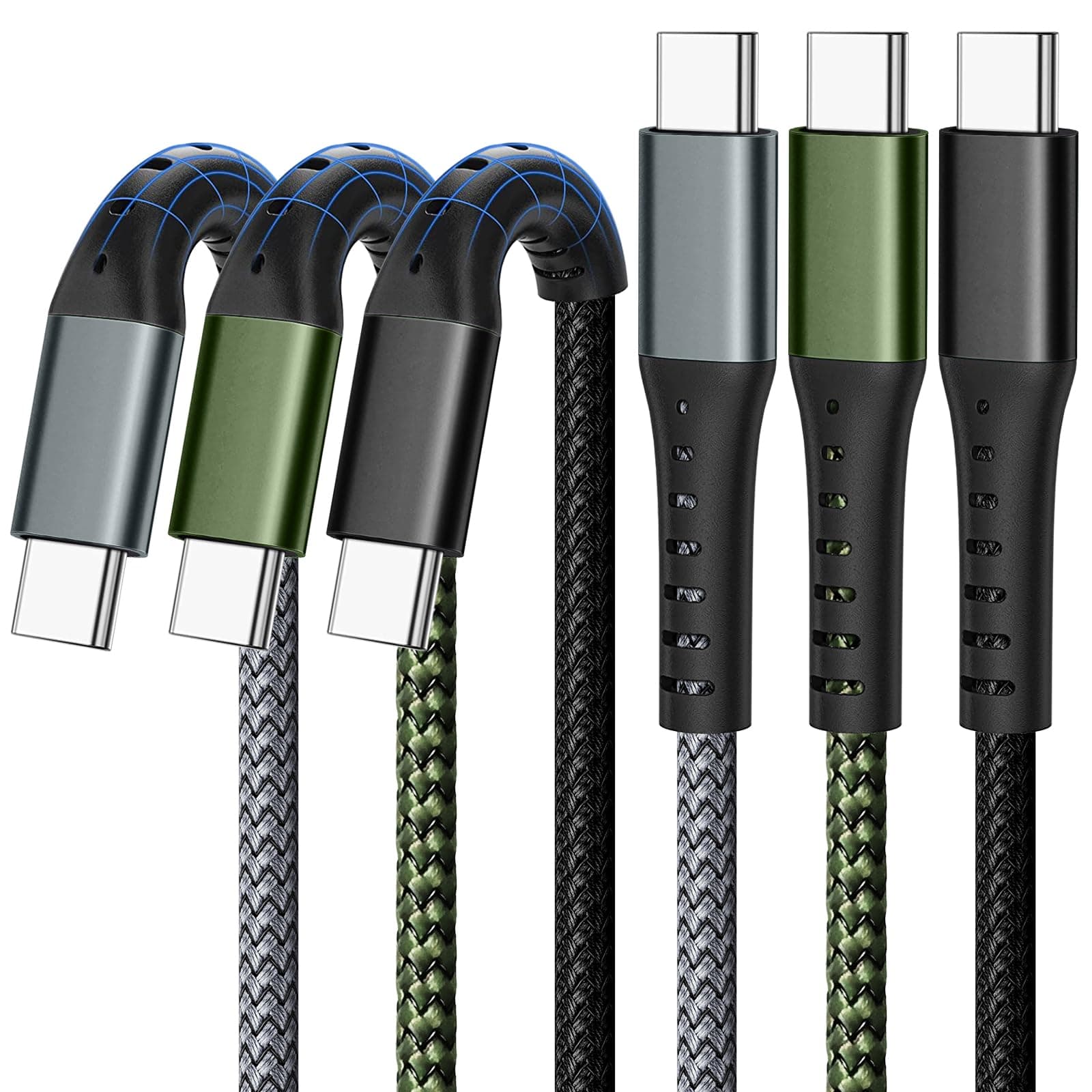 USB-C to USB-C 60W 3FT 3-Pack, Nylon Braided Fast Charging Cable | Nylon Braided 60W USB C to USB C Cable 3FT 3-Pack, Fast Charge for iPhone/Samsung/Pixel/MacBook, Car-Friendly Short Cord