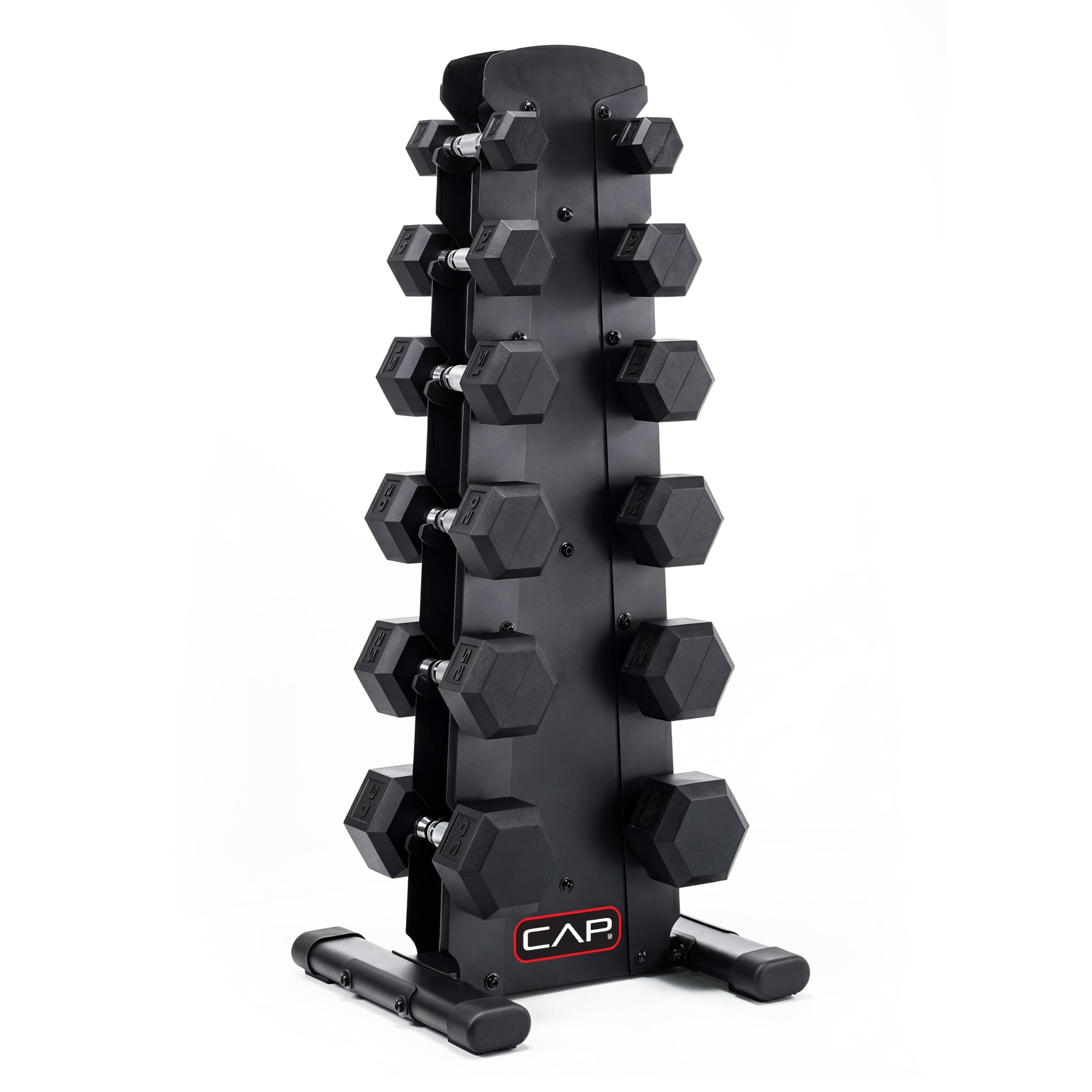 CAP Rubber Coated Dumbbell Weight Set with Vertical Rack | 100 lb, 150 lb, and 210 lb Options
