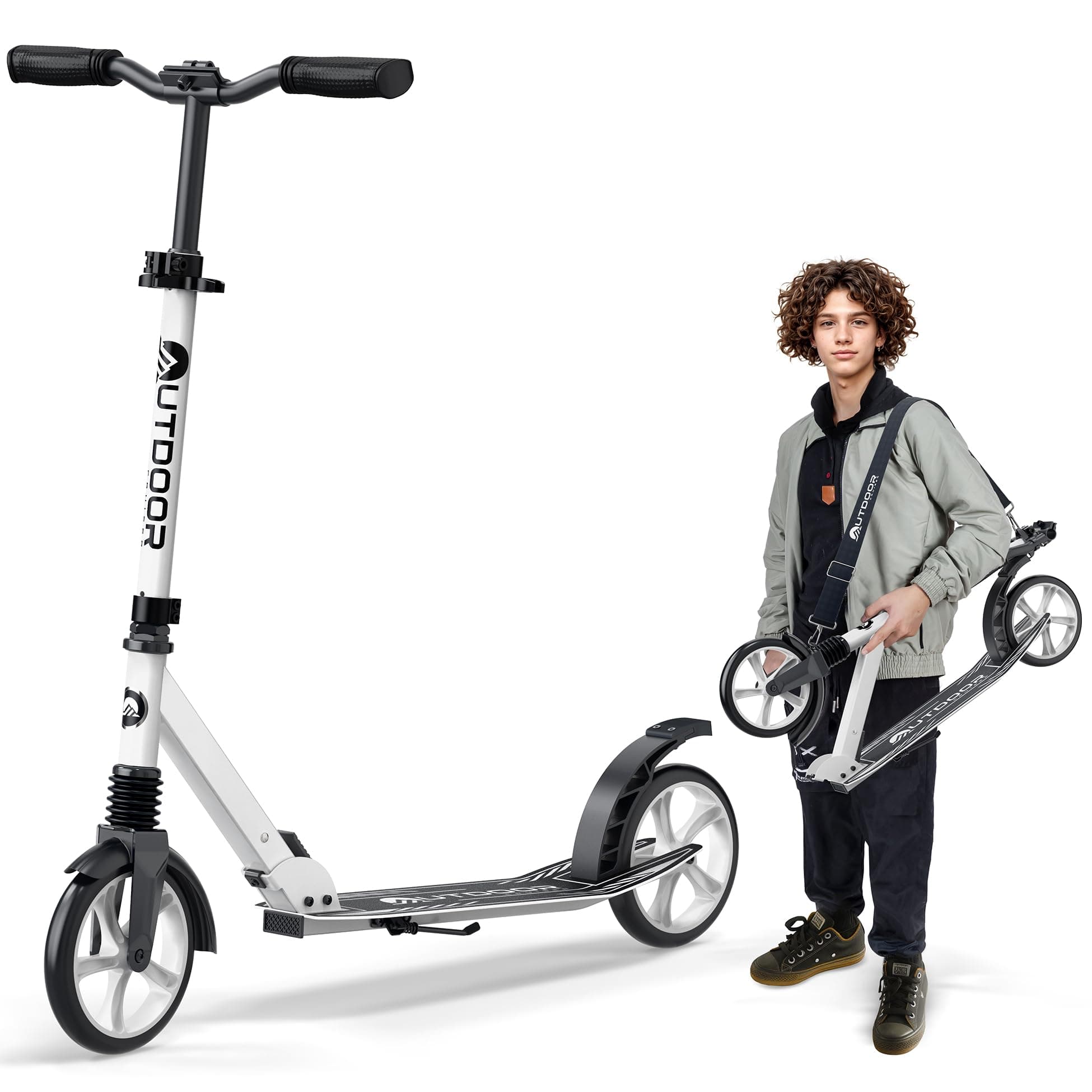 Outdoor Cruiser Kick Scooter for Ages 6+, For Kids, Teens, and Adults, Max Load 250 LBS, Foldable, 8-inch Wheels for Kids and Adults, Dual Suspension, 3 Adjustable Levels, Child Safety Approved, White