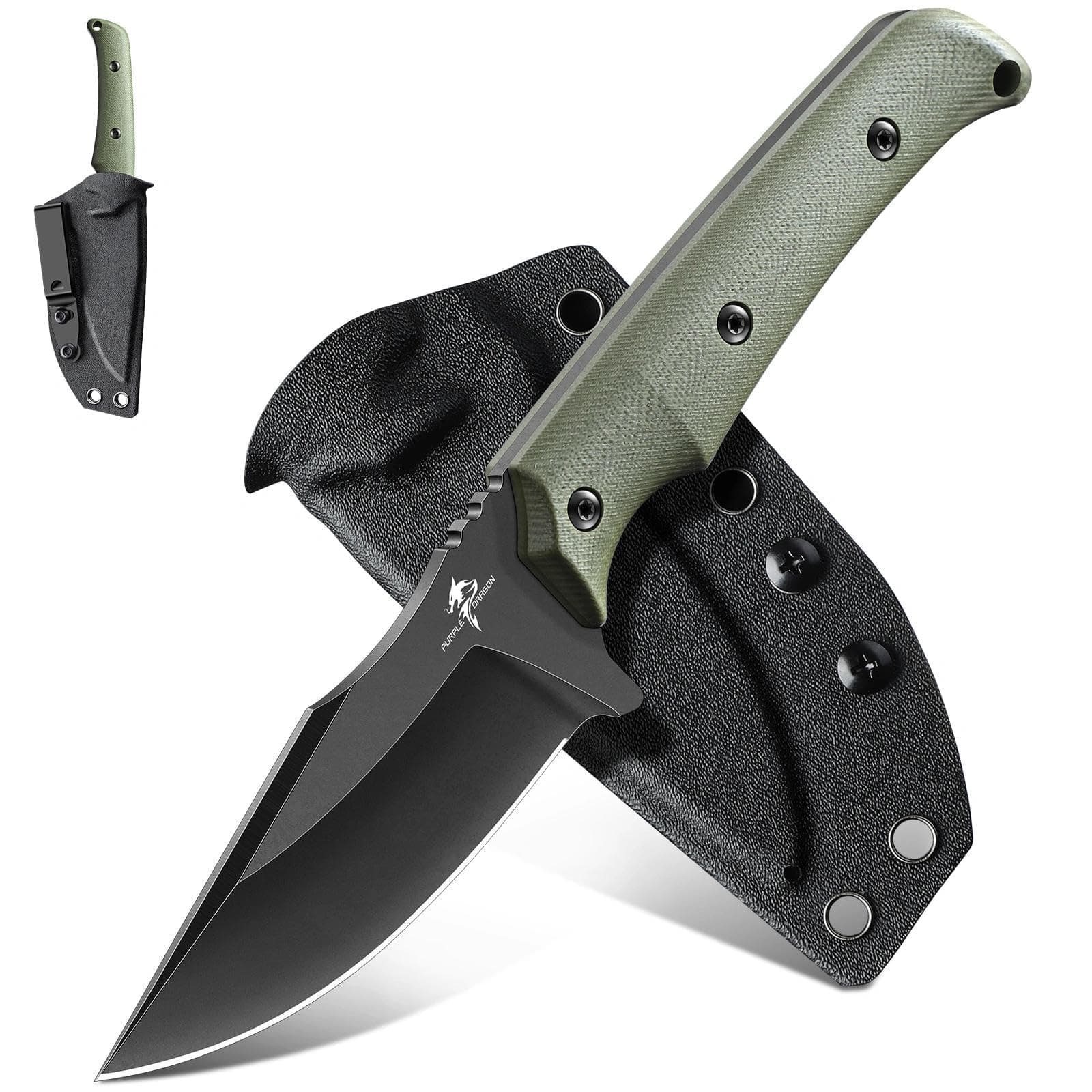 Purple Dragon Fixed Blade Knife - Full Tang Hunting Knife Green | Kydex Sheath, Forged from a Single Piece of D2 Steel, G10 Handle, Gift Box