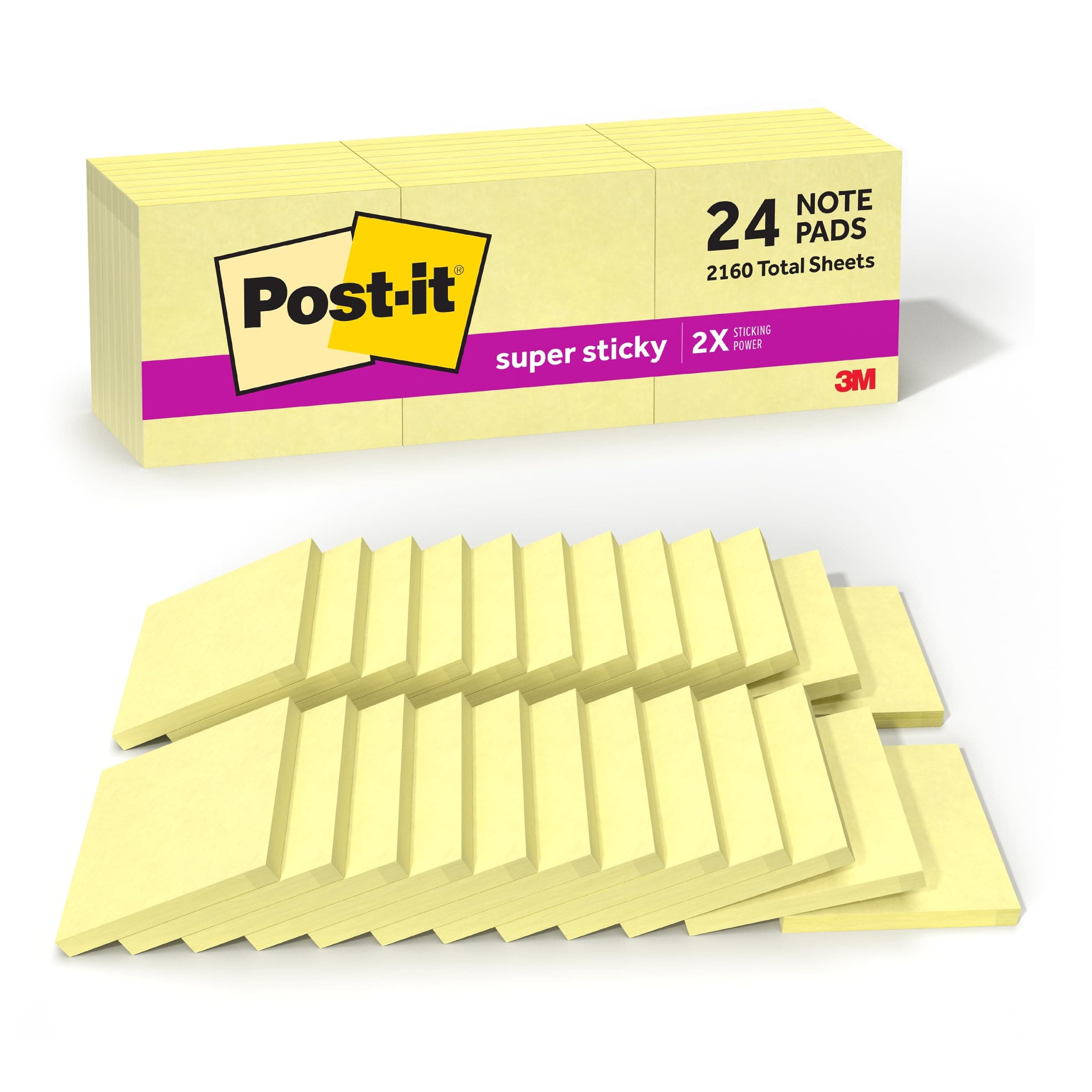 Post-it Super Sticky Notes, 3 x 3 in, Canary Yellow, 24 Pads, 90 Sheets/Pad | School Supplies and Oﬃce Supplies, 2X the Sticking Power
