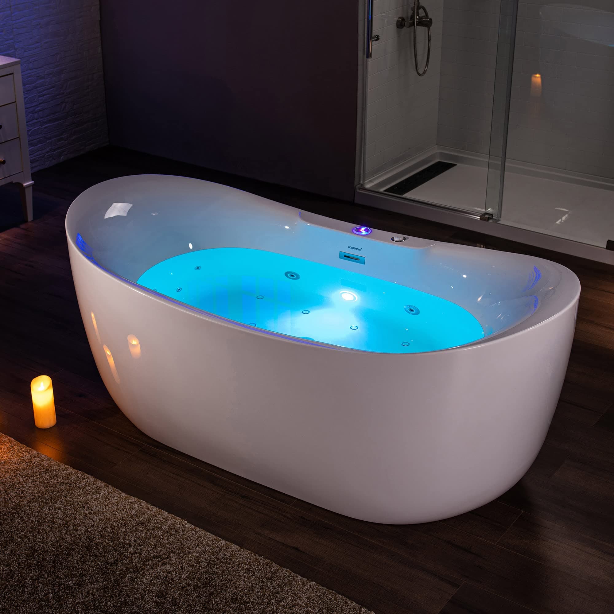 WOODBRIDGE 72"×35-3/8" Double Slipper Whirlpool&Air, Heated Soaking Bathtub | Whirlpool & Air Bubble Jets(16 Jets), Adjustable Air Blower Speed, LED control Panel, Chrome Drain, Chromotherapy Light