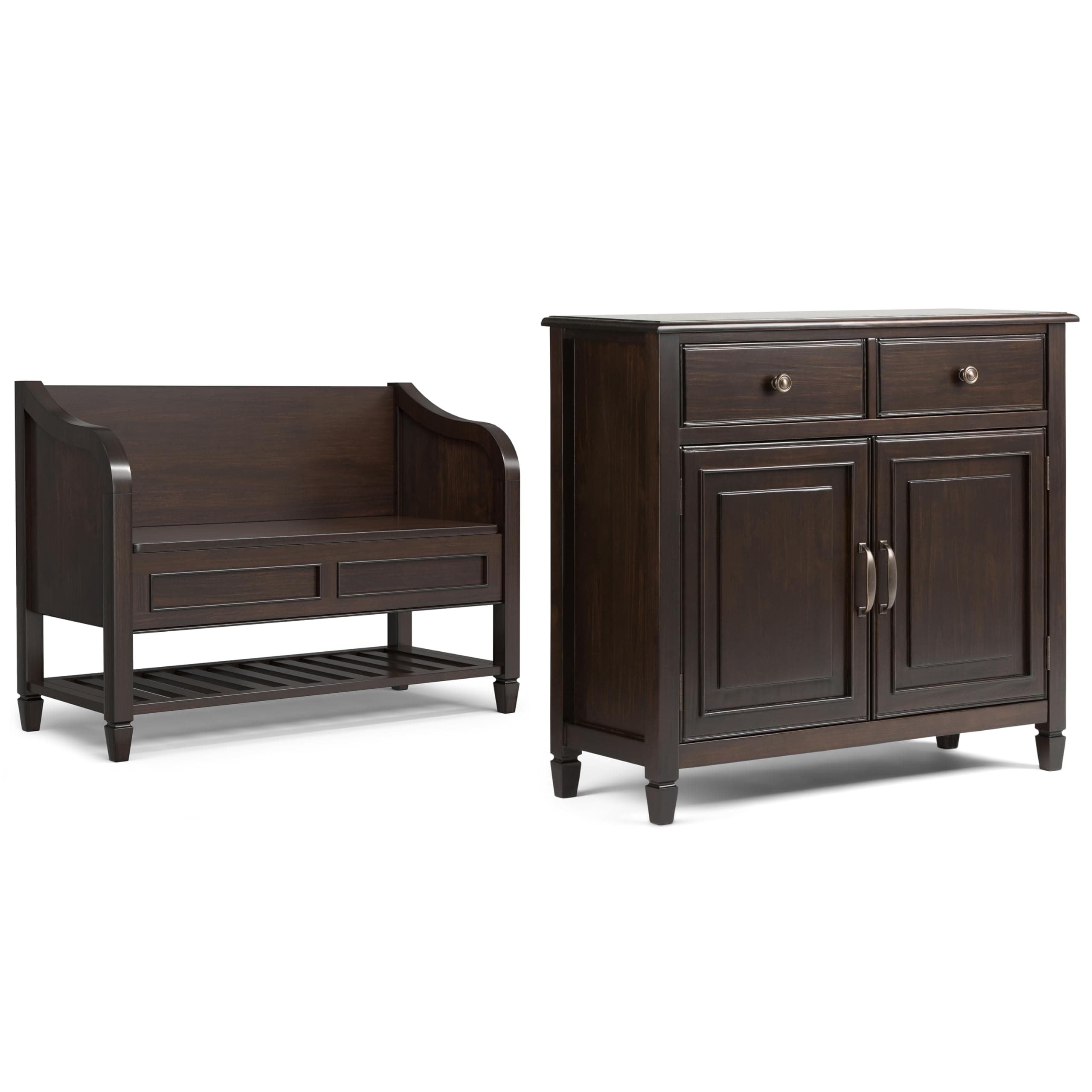 SIMPLIHOME Connaught Solid Wood 42 inch Wide Storage Bench with Bottom Shelf and 40 inch Wide Storage Cabinet in Dark Chestnut Brown for the Living Room, Entryway, and Family Room, Traditional Style