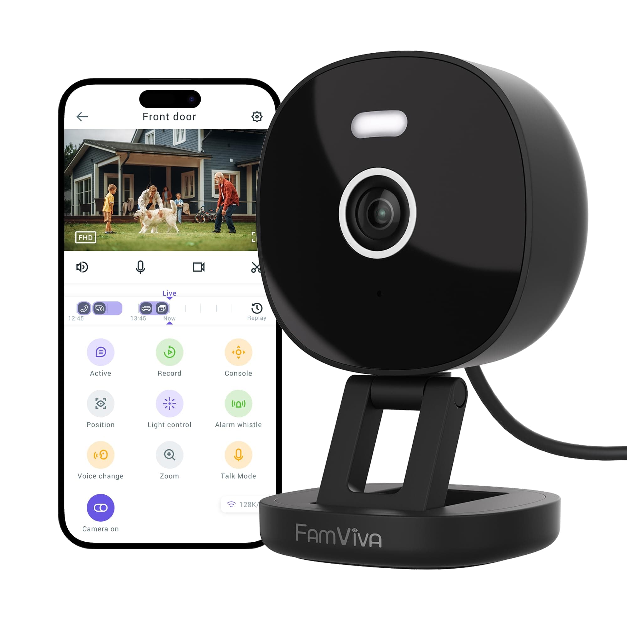 FAMVIVA 2K Security Camera, Outdoor/Indoor for Home, Pet, Baby, Nanny, IP65 Wterproof Color Night Vision, White Light & Siren, Recording, Motion Detection, Compatible with Alexa,Black