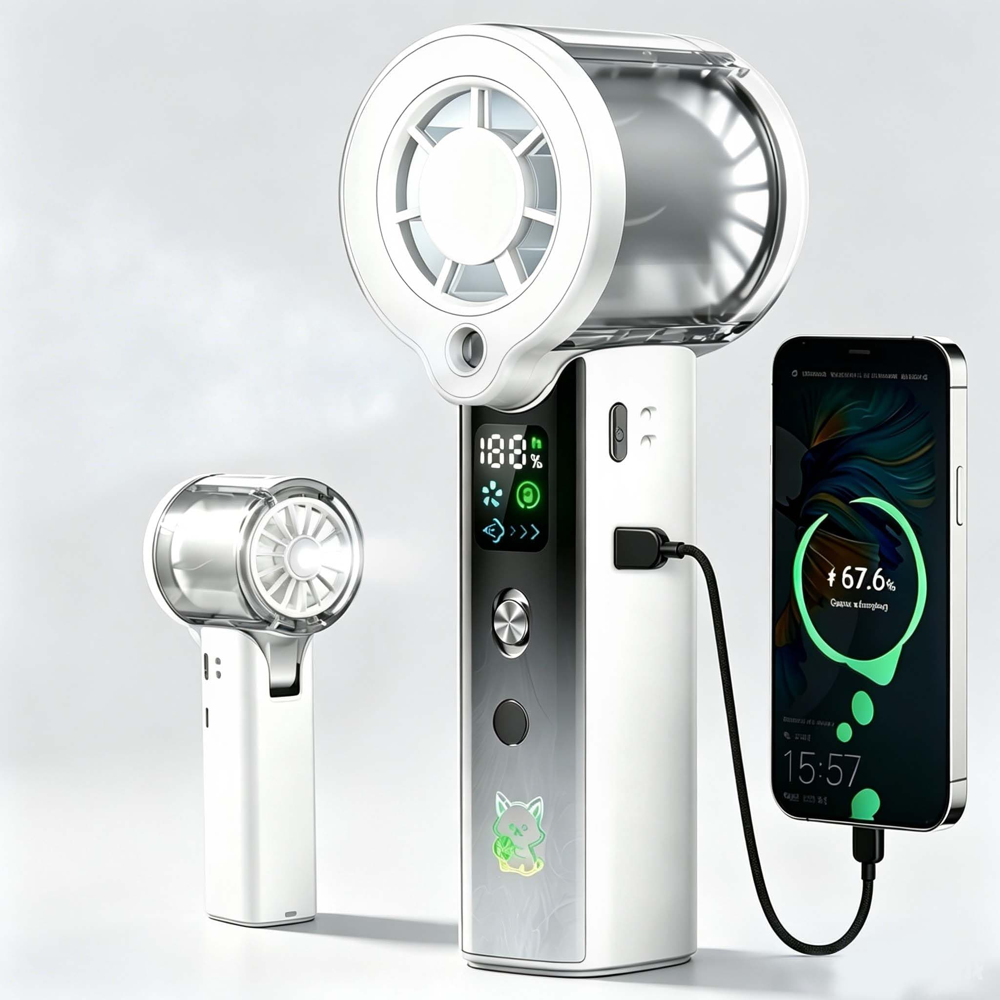 Doge&Vollar Portable Misting Handheld Fan,4‑in‑1 Spray Cooling Turbo Fan,5000mAh Rechargeable,Up to 30H Runtime,100‑Speed Wind,Flashlight SOS Mode,Compact Lightweight,Summer Gifts for Men Women, White