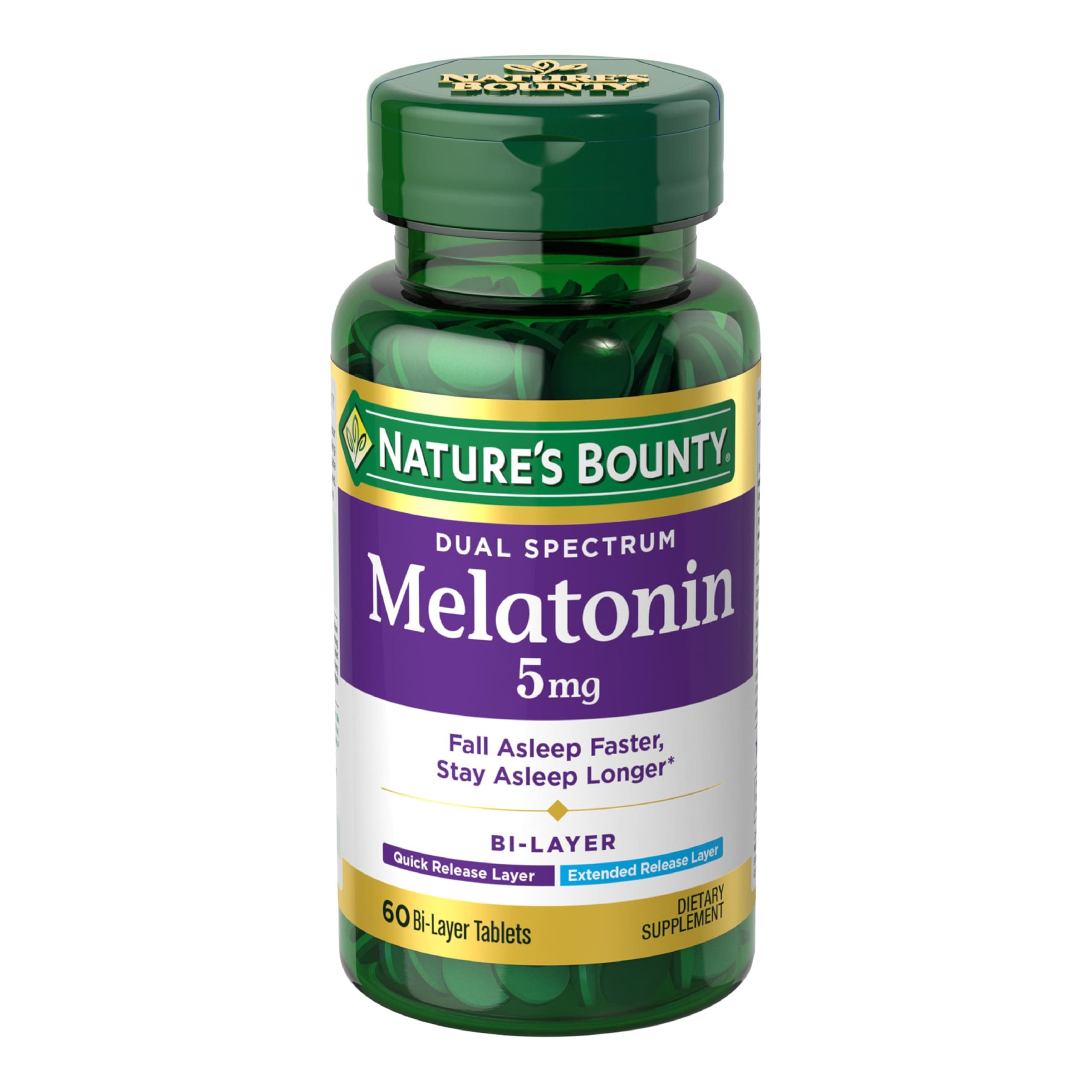 Nature's Bounty Melatonin 5mg Dual Spectrum, 60 Bi-Layer Tablets | 100% Drug Free Sleep Supplement, Quick Release and Extended Release, Promotes Relaxation and Sleep Health