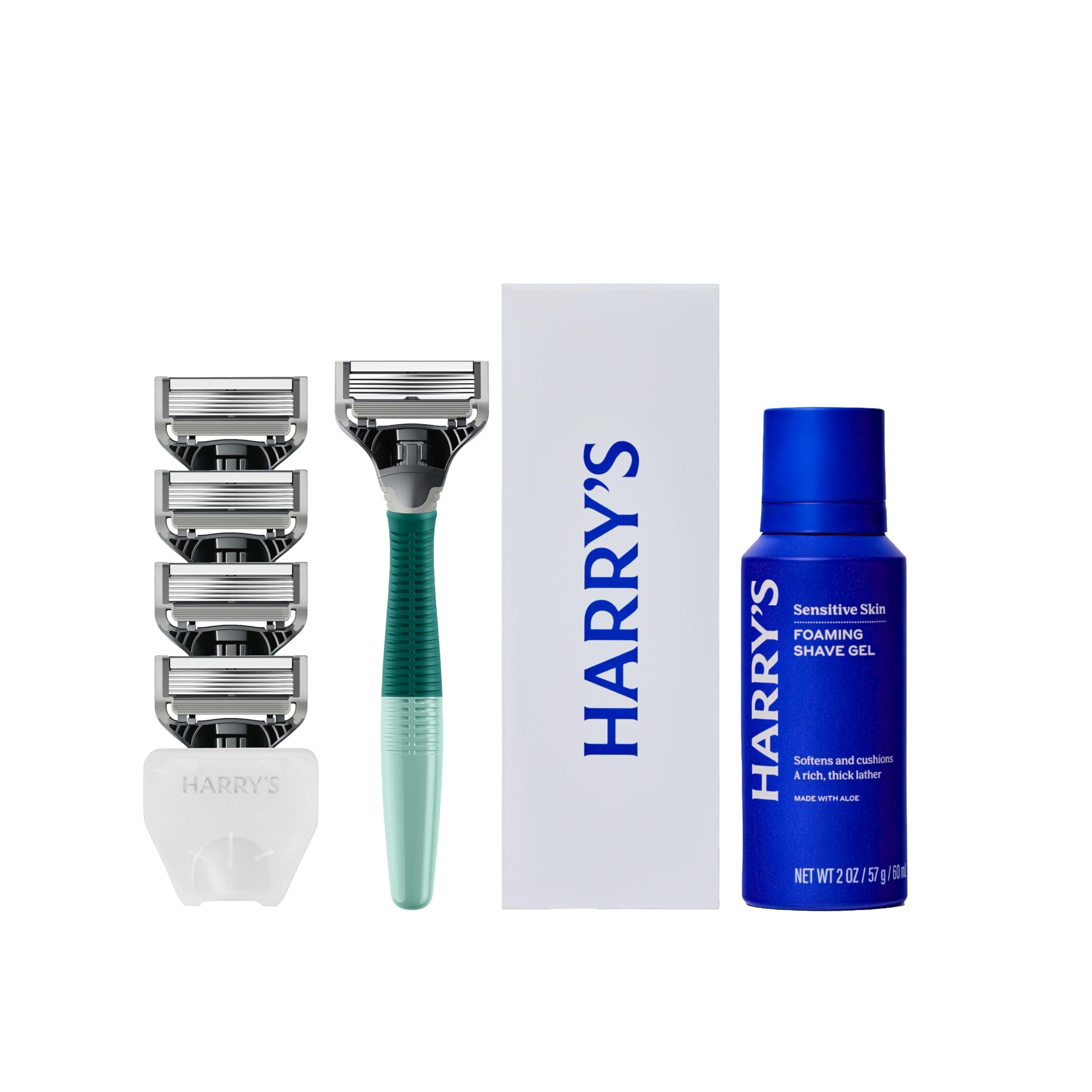 Harry's Original Shaving Kit for Men - Razor Handle, 5 Refills, Shave Gel | Includes Travel Blade Cover - TSA Approved Travel Essentials - German Engineered - Sage