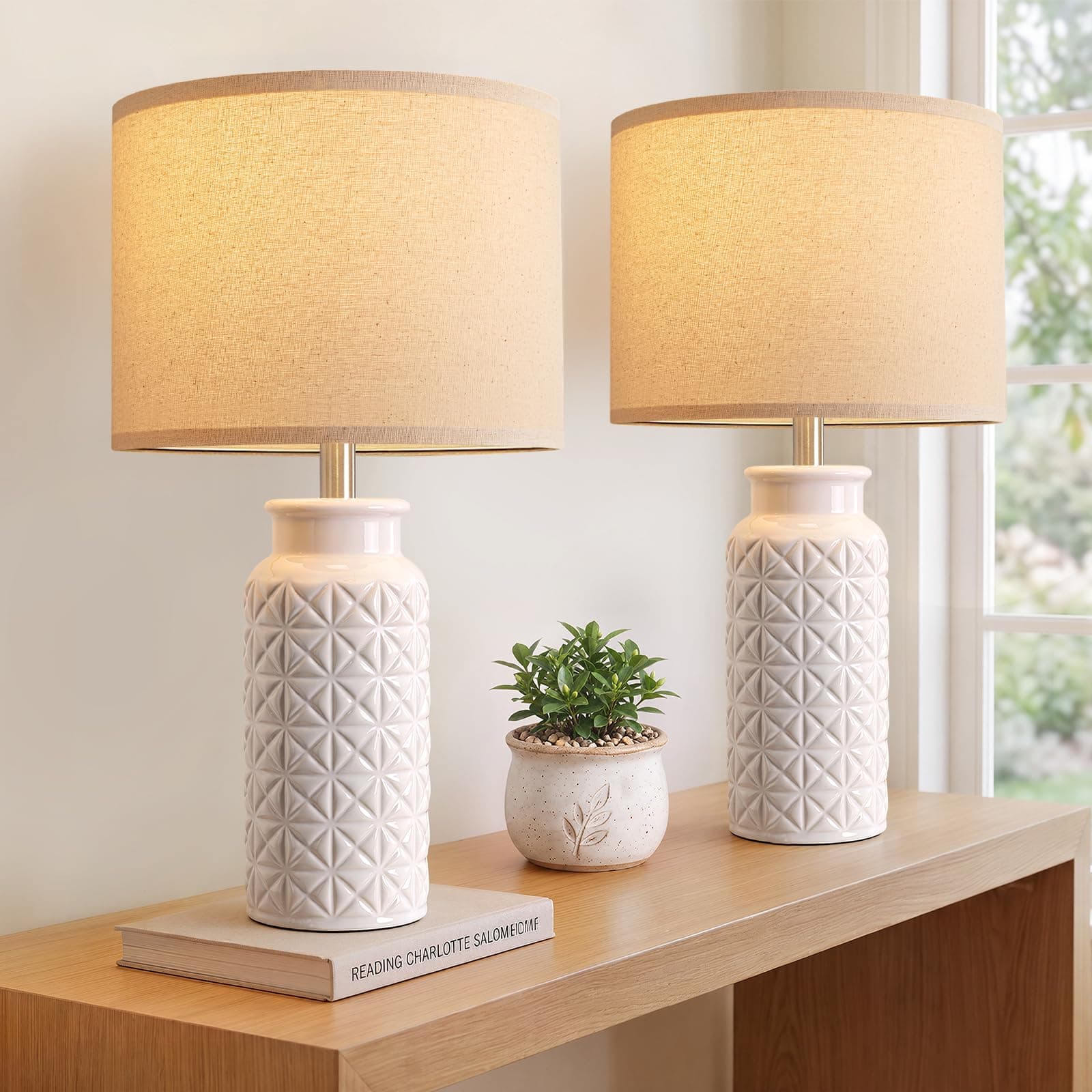 Innqoo 22.6" Modern Ceramic Bedside Lamps Set of 2, Lamps for Bedroom,White | Table Lamps for Living Room, Nightstand Lamps, End Table, Farmhouse Home Decor, Desk Lamp for Housewarming Gifts New Home