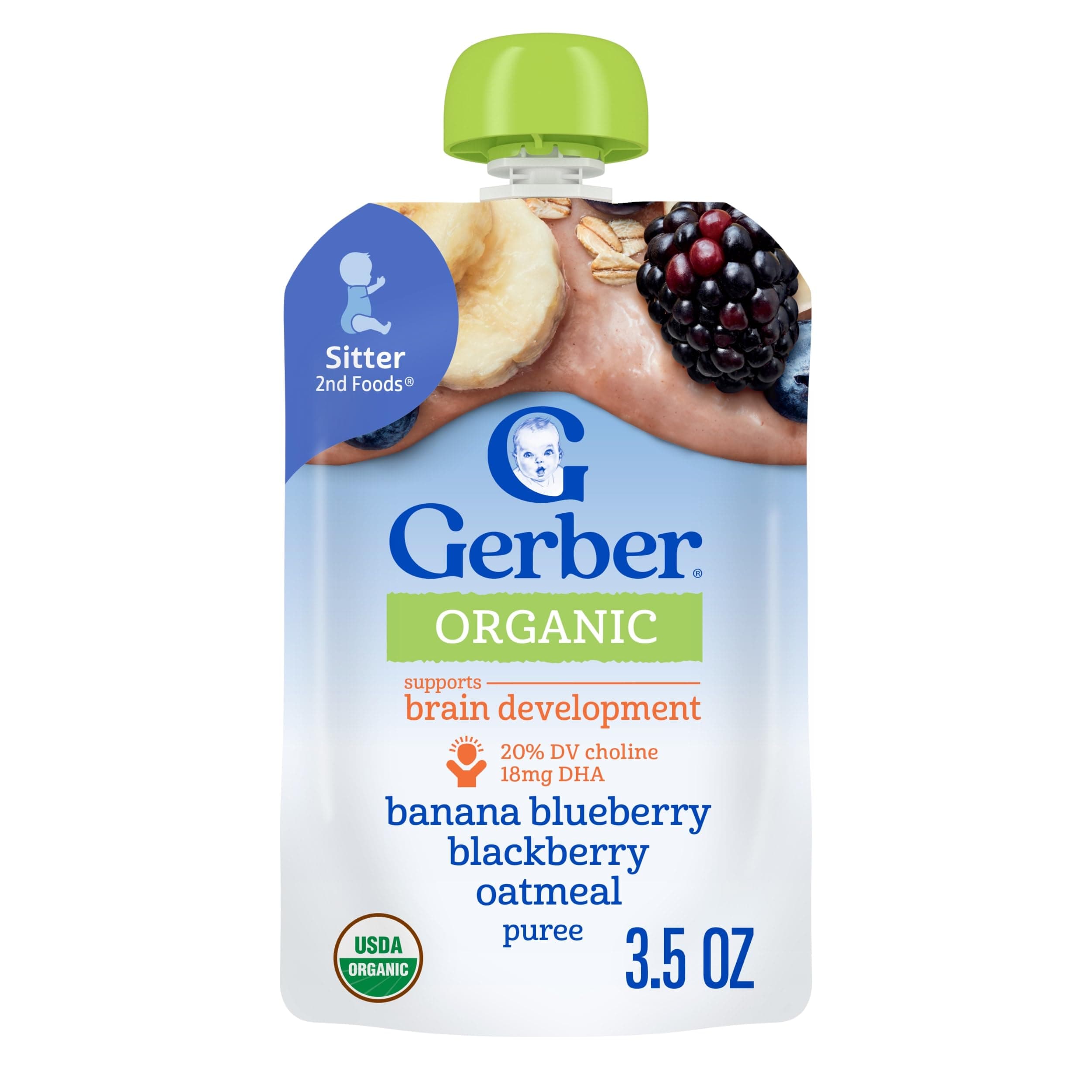 Gerber Organic Banana Blueberry Blackberry Oatmeal, 3.5 Oz, 12 Pack | Stage 2 organic puree pouch; banana blueberry blackberry oatmeal; 12 x 3.5 oz