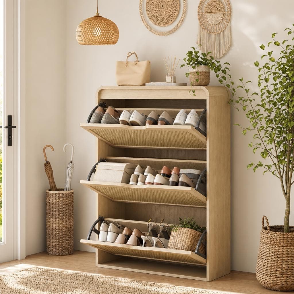 Garvee Rattan Shoe Cabinet with 3 Flip Drawers, Round Corner Shoe Storage | Narrow Shoe Storage Organizer with Adjustable Shelves, Wood Boho Entryway Cabinet for Hallway, Dorm, Natural Oak