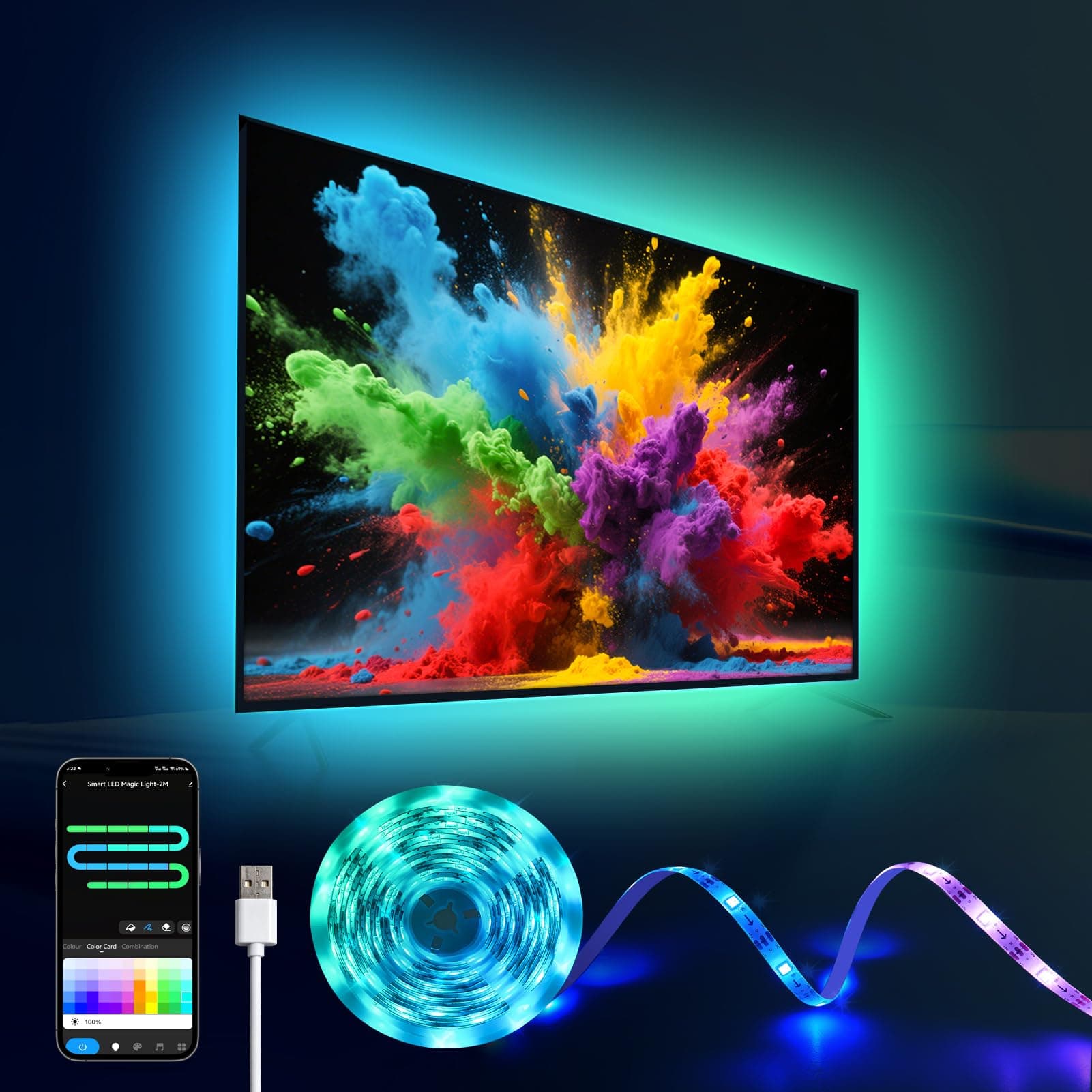 SUNLINKCO 16.4ft LED Lights for 50-75 Inch TV, RGB+IC TV Lights Backlight Strip Behind, with 44 Scene Modes, APP and Voice Control, Music Sync Smart Ambient Lighting for Gaming, Bedroom, Living Room