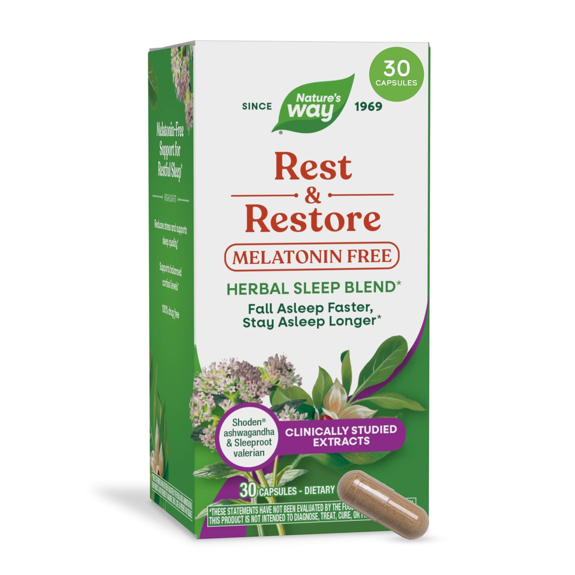 Nature’s Way Rest & Restore, Melatonin-Free Sleep Supplement*, Vegan, 30 ct | Inculdes Ashwagandha and Valerian*, Reduces Stress, Supports Sleep Quality and Cortisol Balance*, Drug Free
