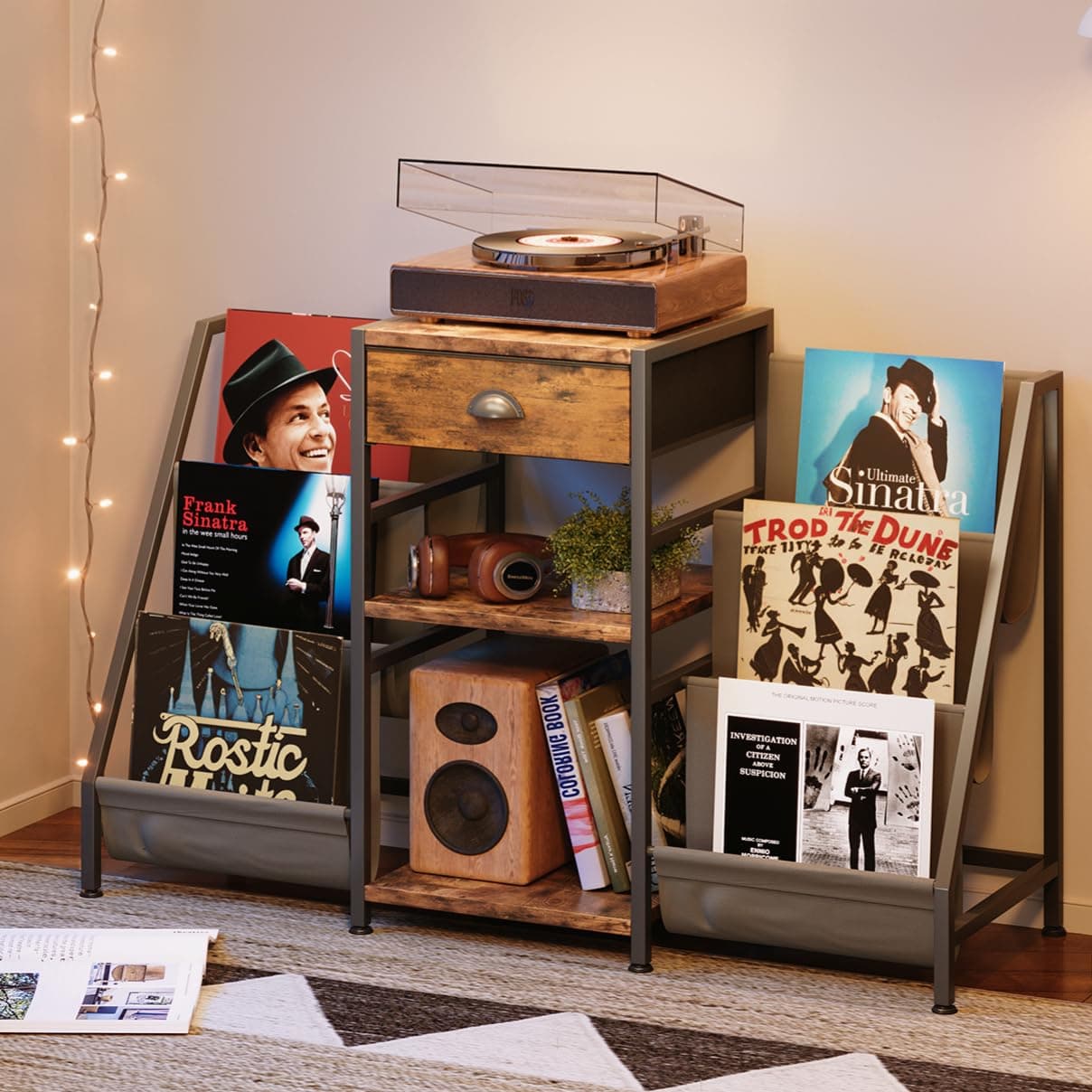 Record Player Stand with Drawer, Record Player Table with Vinyl Record Storage Up to 280 Albums, Turntable Stand with Record Holder Display Shelf, Record Cabinet for Media Stereo Audio, Rustic Brown