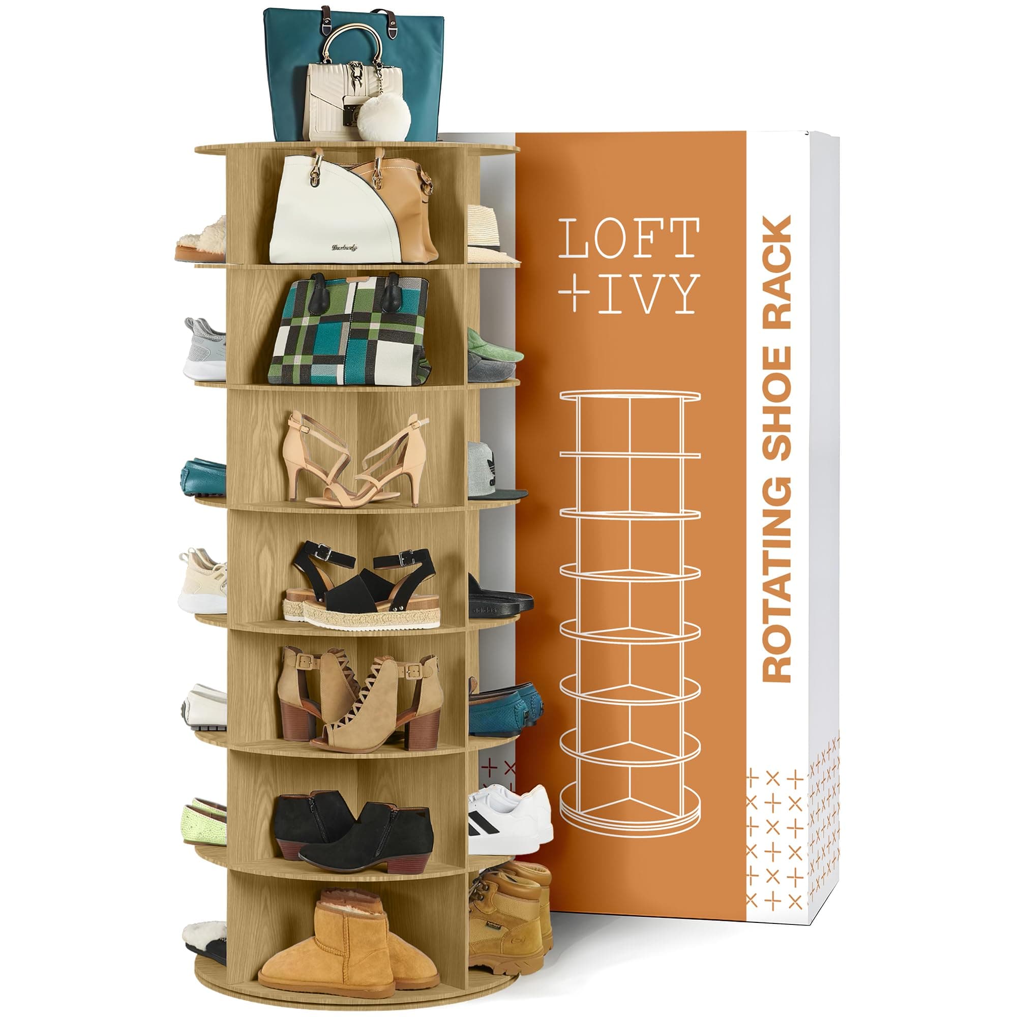 LOFT + IVY 7 Tier Rotating Shoe Rack Tower with 360° Spinning Lazy Susan | Modern Round Design, Storage Organizer, Space Saving — Ideal for Closet, Entryway, Bedroom