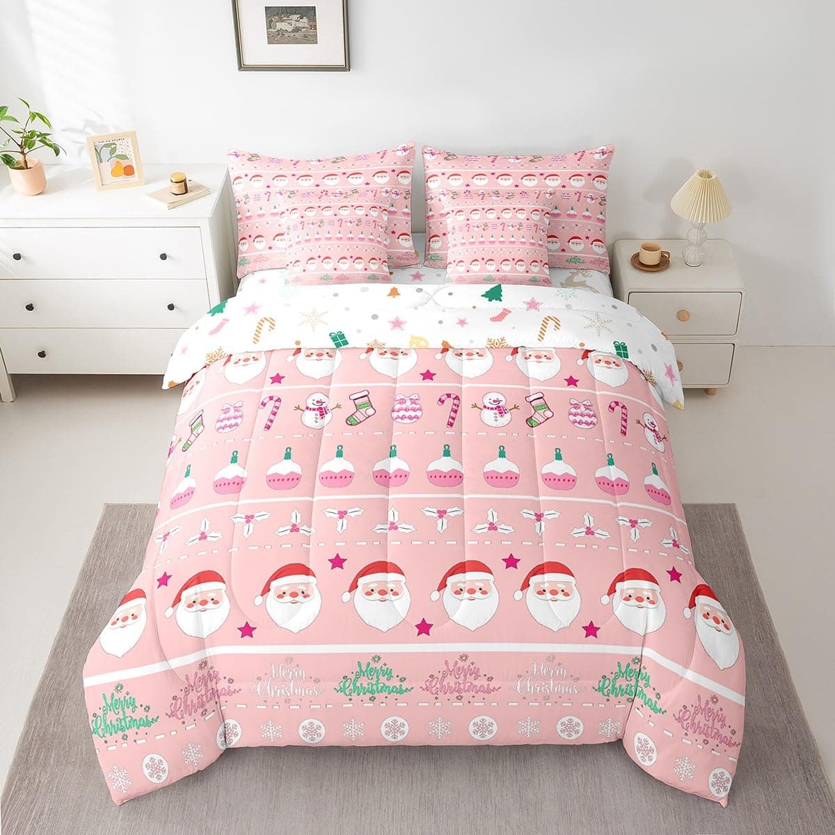 Merry Christmas Decorative Pink Bed in a Bag Full Size Xmas Cartoon Santa Claus Snowmen Comforter Set with Sheets 7 Piece Winter New Year Bedding Set Gifts for Kids Boys Girls 2 Pillow Cases