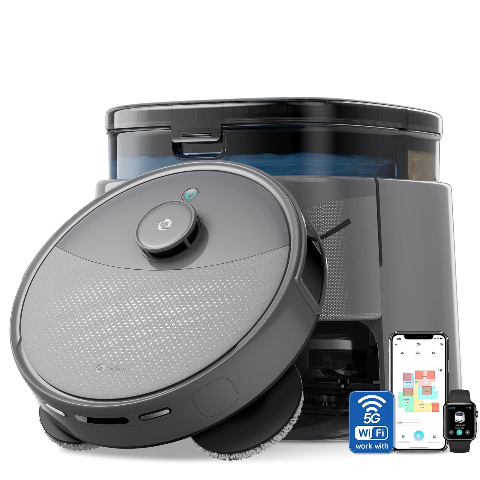 Lefant Robot Vacuum and Mop, 20000Pa Suction, 115℉ Hot Water Mop Washing&Drying,Smart Obstacle Avoidance, All-in-One Dock, 200RPM Spinning Mops, 5G WiFi/Alexa/APP/iWatch Control, M3 Max