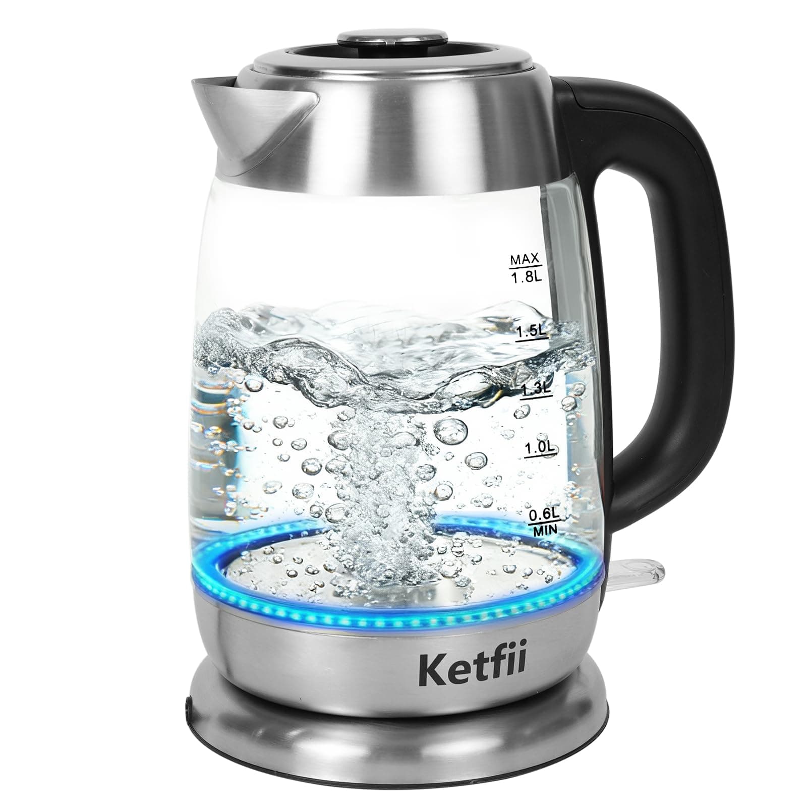 Electric Glass Kettle 1.8L, 1200W Fast Boil for Tea & Coffee, Auto Shut-Off & Boil-Dry Protection, BPA-Free, 304 Stainless Steel & Borosilicate Glass, Removable Lid for Easy Cleaning