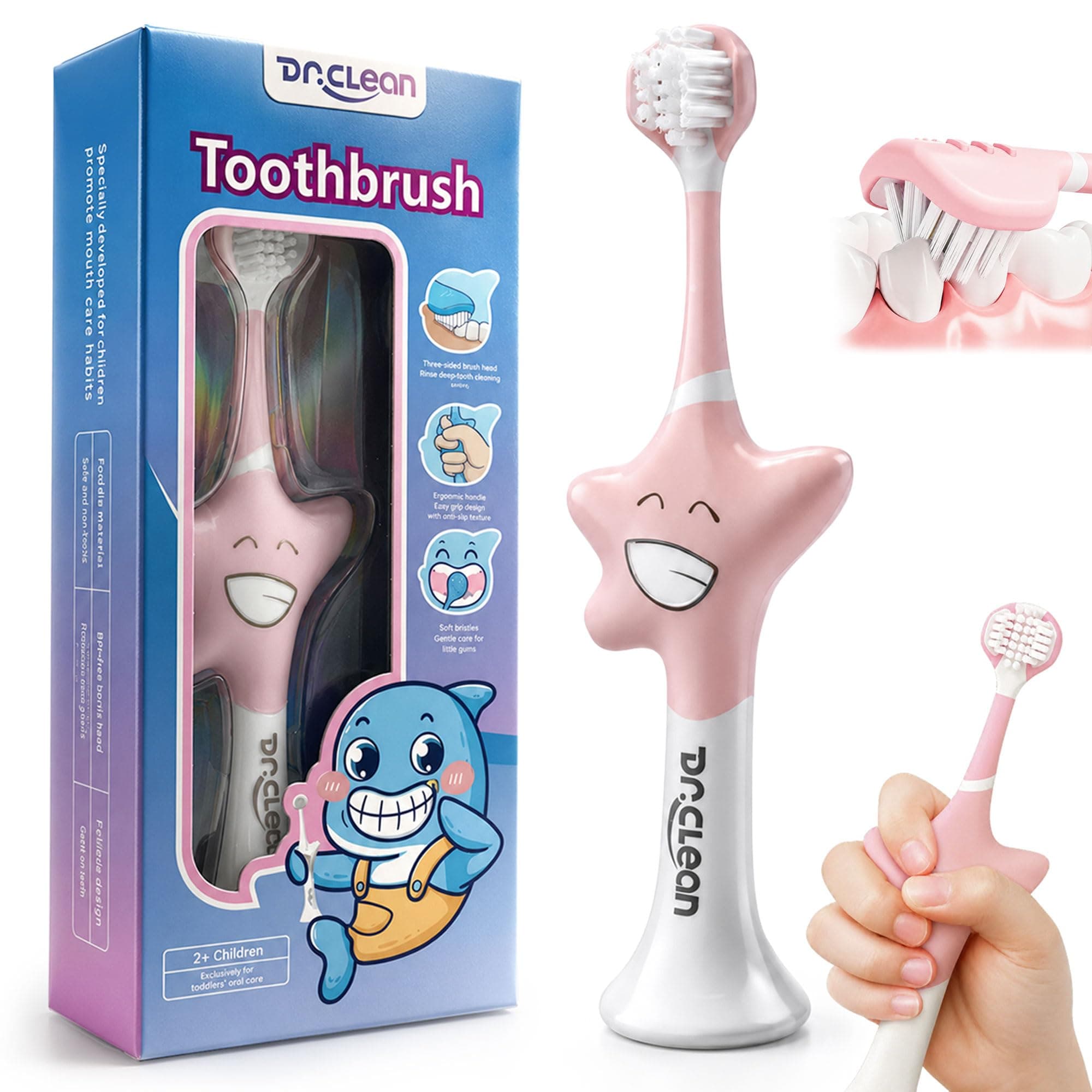 DR.CLEAN 3 Sided Toothbrush for Kids Ages 2-12, Soft Toddler Training Toothbrush with Patented Starfish Easy-Grip Handle, Triple-Sided 45° Brush Head, Gentle Bristles for Teeth and Gums