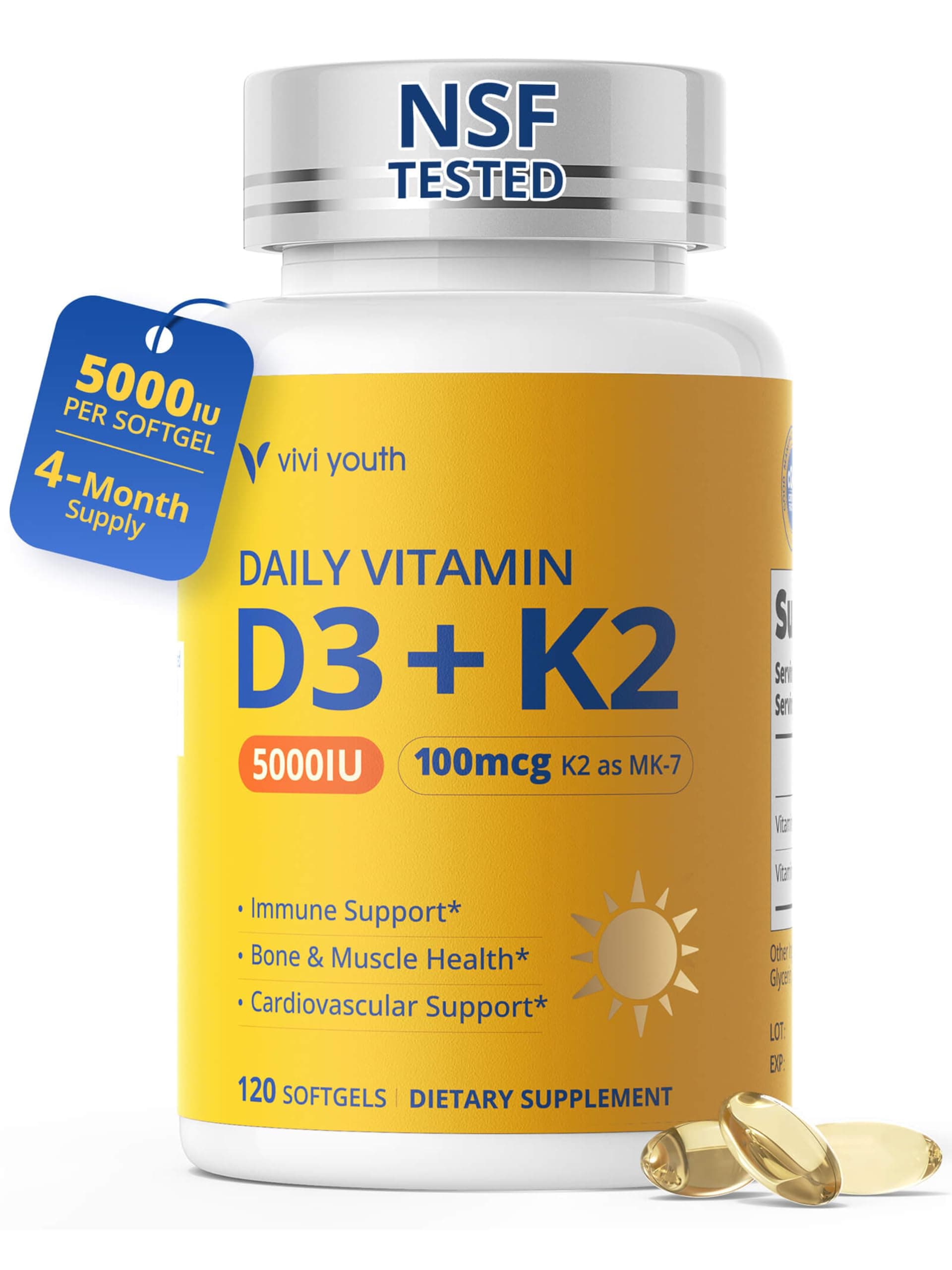 VIVI Youth Vitamin D3 K2 5000 IU with MK-7, 3rd Party Tested, 120 Servings | with MK-7 100 mcg Softgels, Sunflower Seed Oil D3 K2 Vitamin for Better Calcium Absorption, Soy-Free, Non-GMO for Women & Men