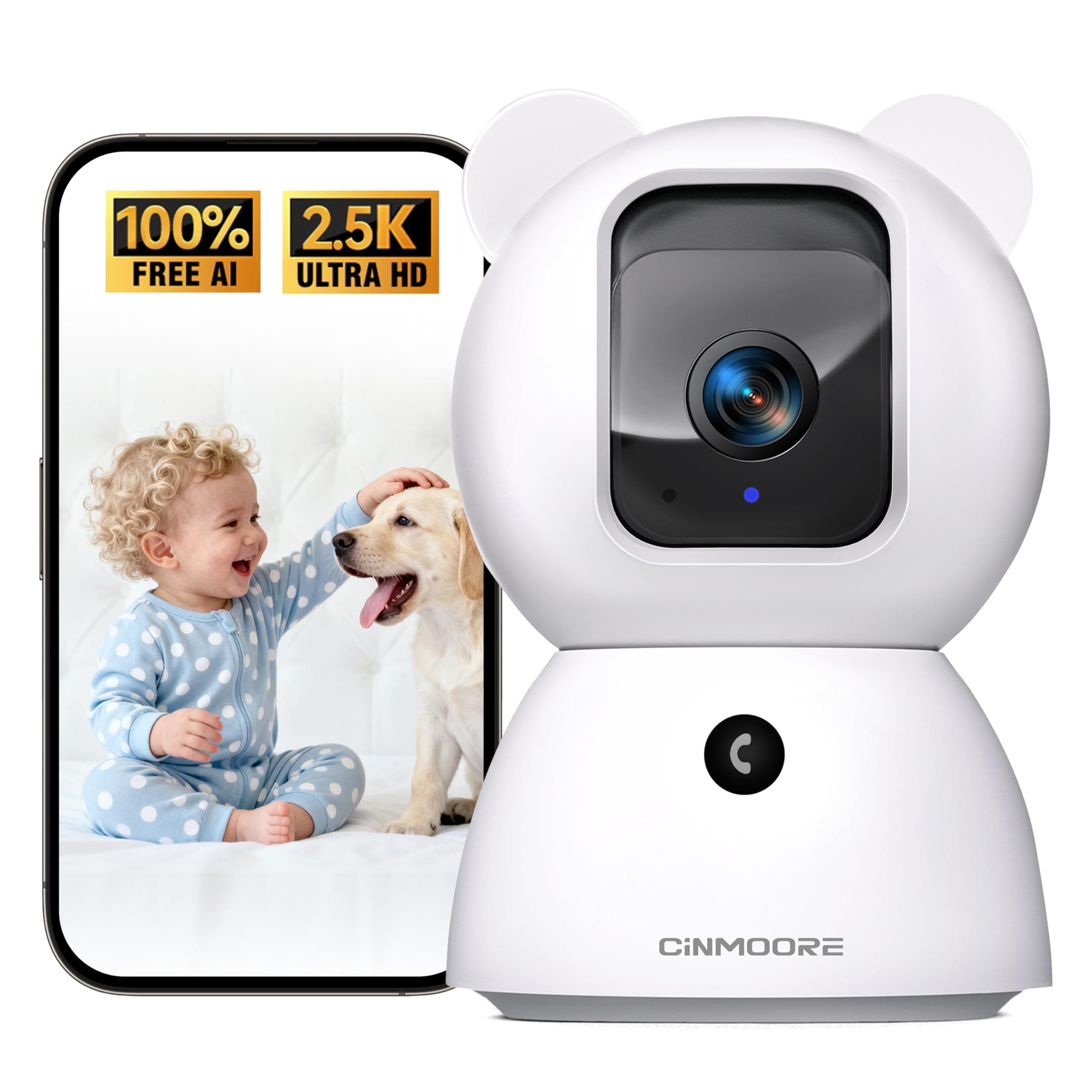 CINMOORE 2.5K Pet/Dog Camera with Speaker/Phone App, No-Monthly-Fee AI Person/Pet/Cry Detection Security Camera Indoor, PTZ 2.4GHz WiFi Baby Monitor Cameras for Home Security, Night Vision, 2-Way Talk